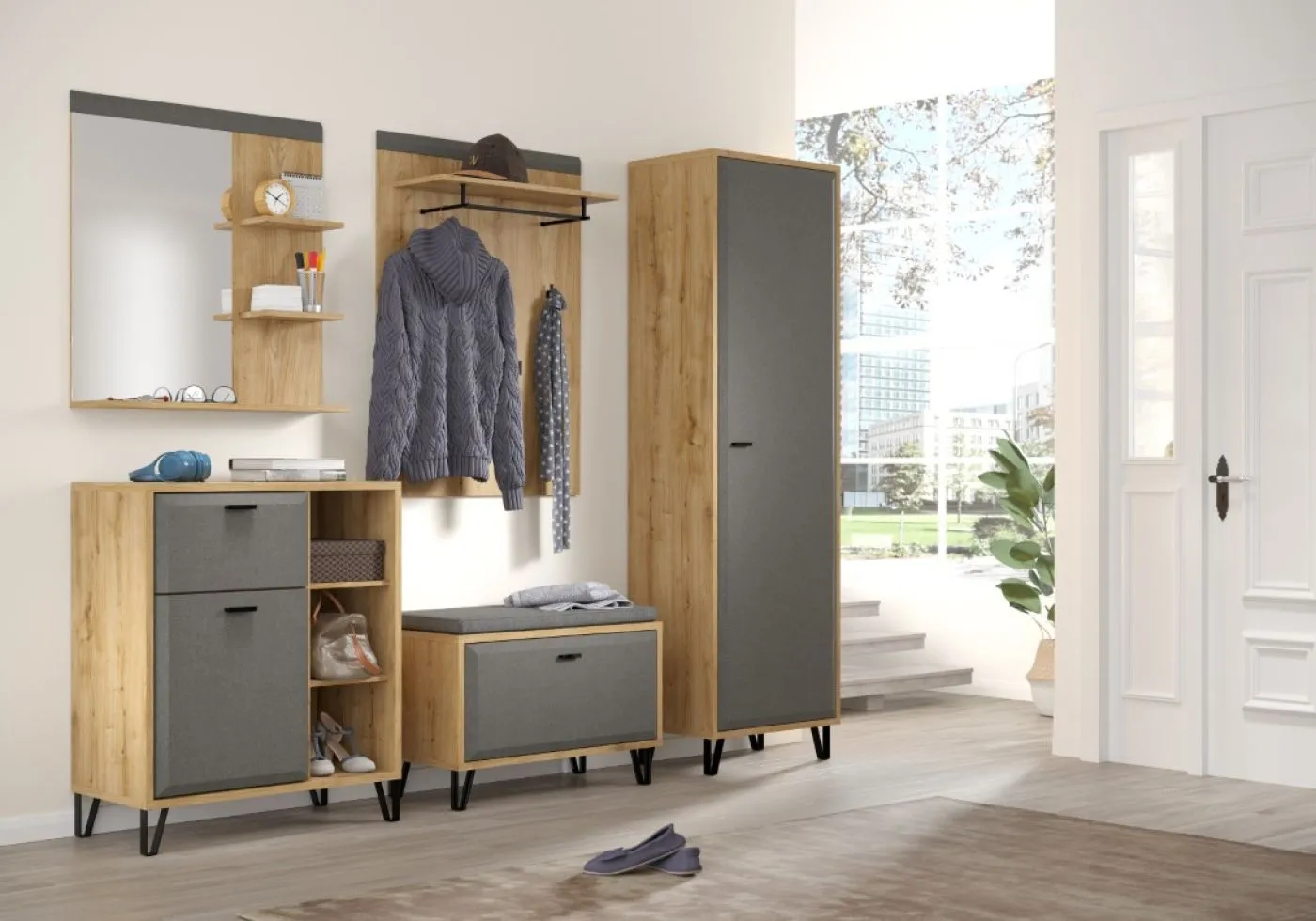 Garderobenschrank Cheyenne | Eiche Navarra / Filz Dark Grey