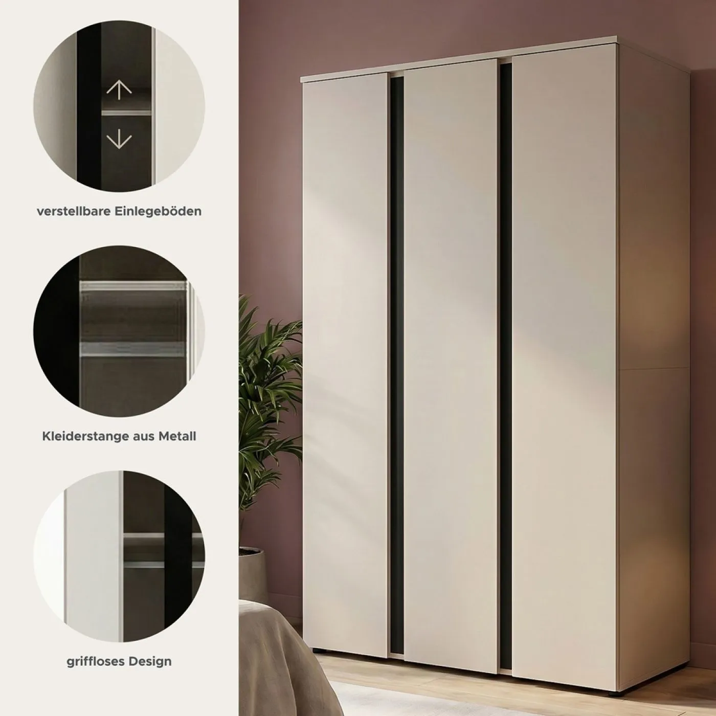 Garderobenschrank Kleiderschrank Amara | 3-türig | Kaschmir