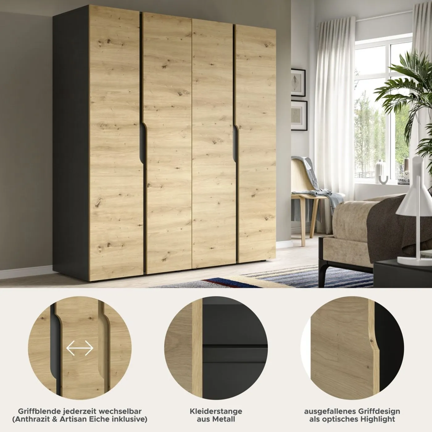 Garderobenschrank Schrank Anga | 2-teilig | Anthrazit / Artisan Eiche