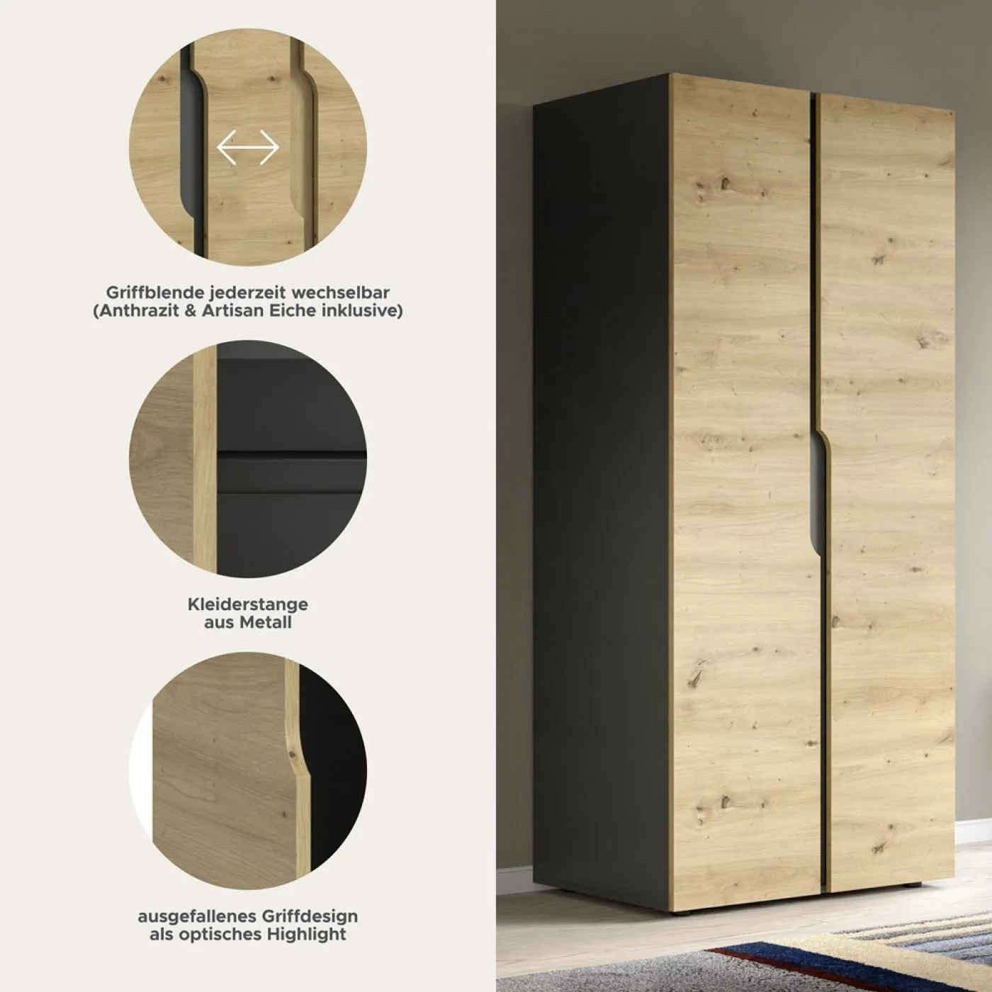 Garderobenschrank Kleiderschrank Anga | 2-türig | Anthrazit / Artisan Eiche
