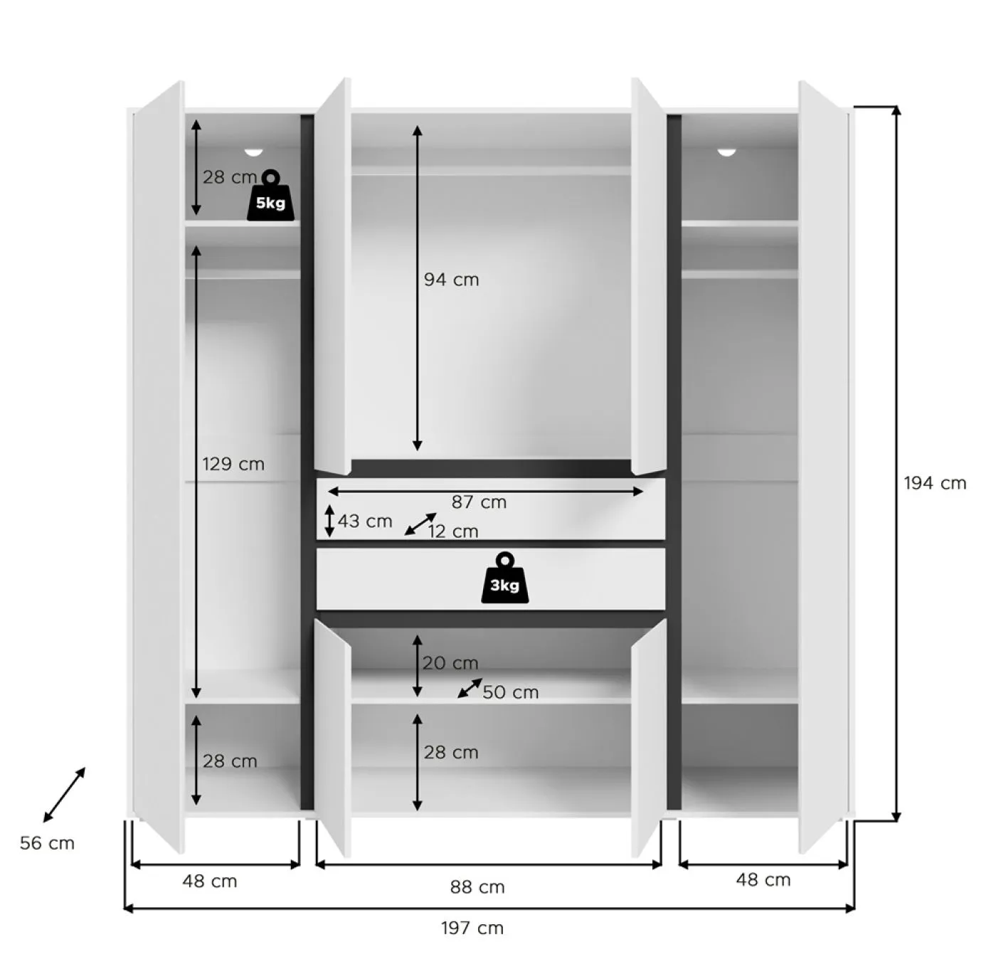 Garderobenschrank Kleiderschrank Falun | 6-türig | weiß
