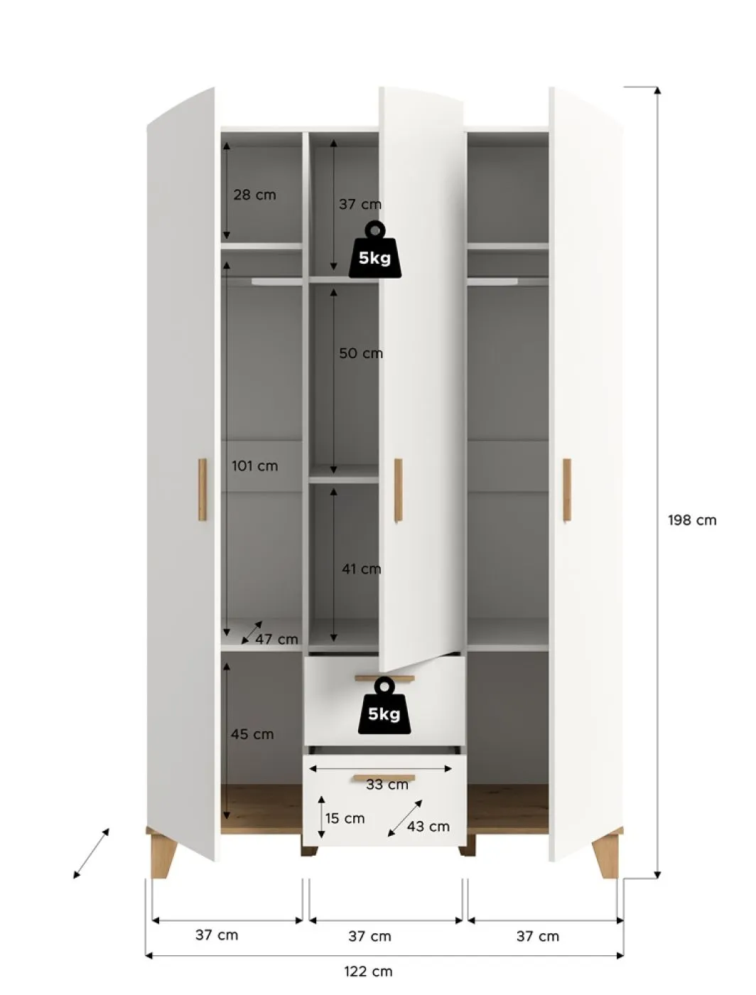 Garderobenschrank Kleiderschrank Stella 3-türig | weiß / Artisan Eiche