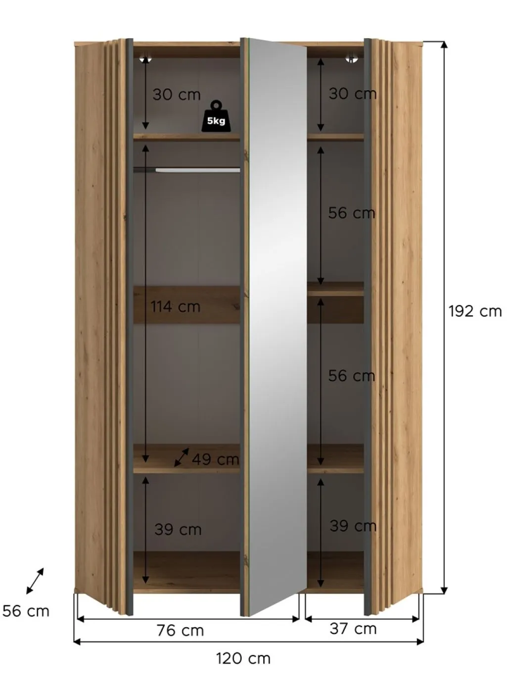 Garderobenschrank Kleiderschrank Tofta | 3-türig | Artisan Eiche
