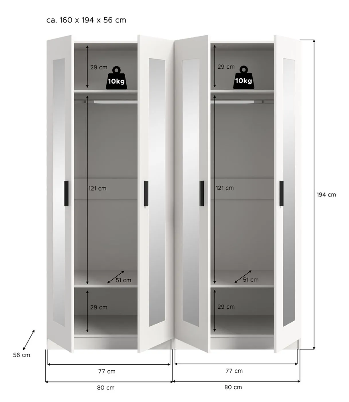 Garderobenschrank Kleiderschrank Visby | 2-teilig mit Spiegel | weiß