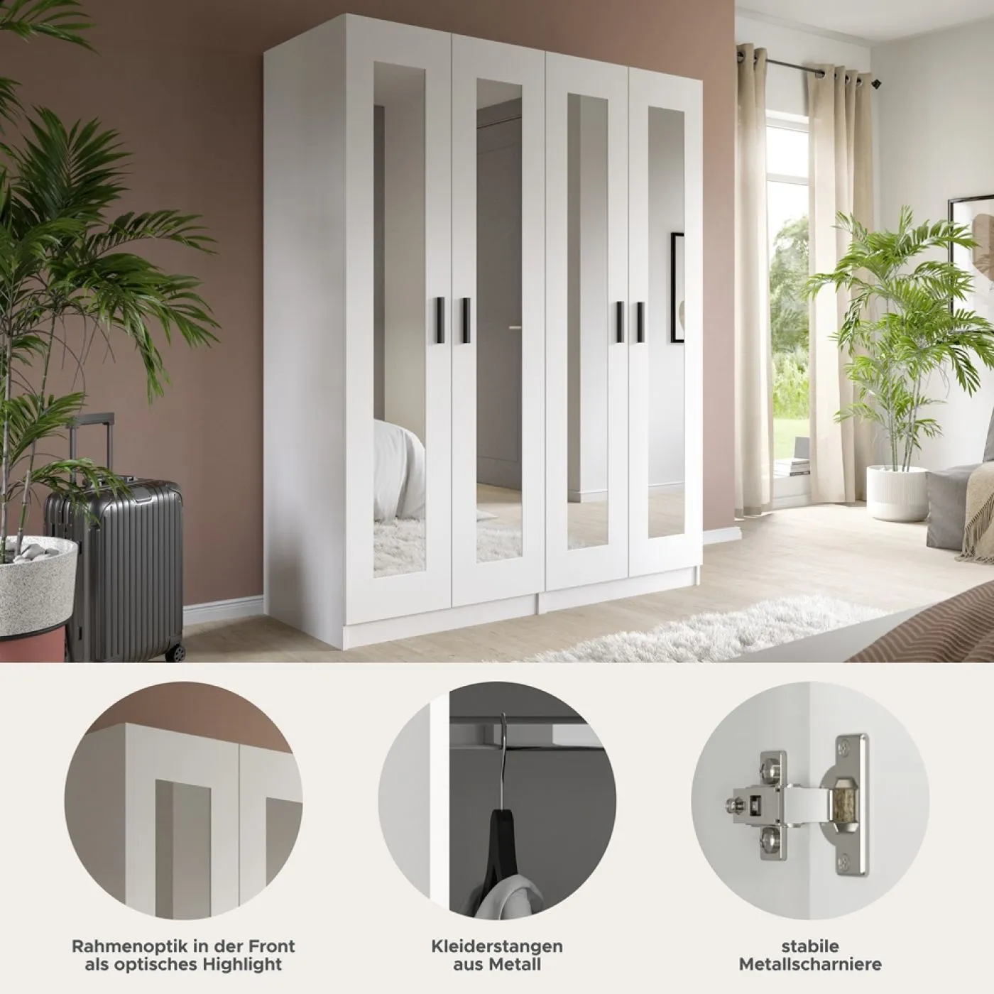 Garderobenschrank Kleiderschrank Visby | 2-teilig mit Spiegel | weiß