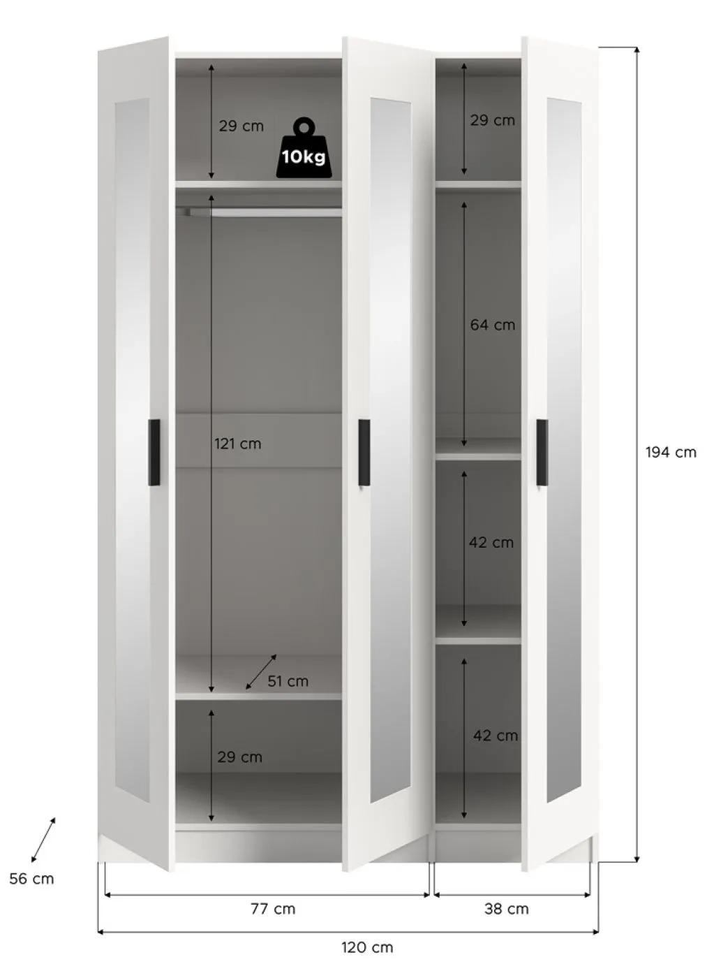 Garderobenschrank Kleiderschrank Visby | 3 Spiegeltüren | weiß