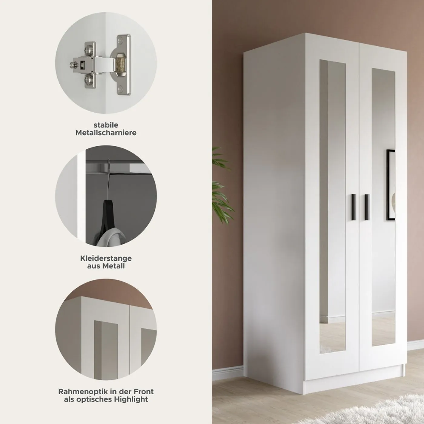 Garderobenschrank Kleiderschrank Visby | mit Spiegel | weiß