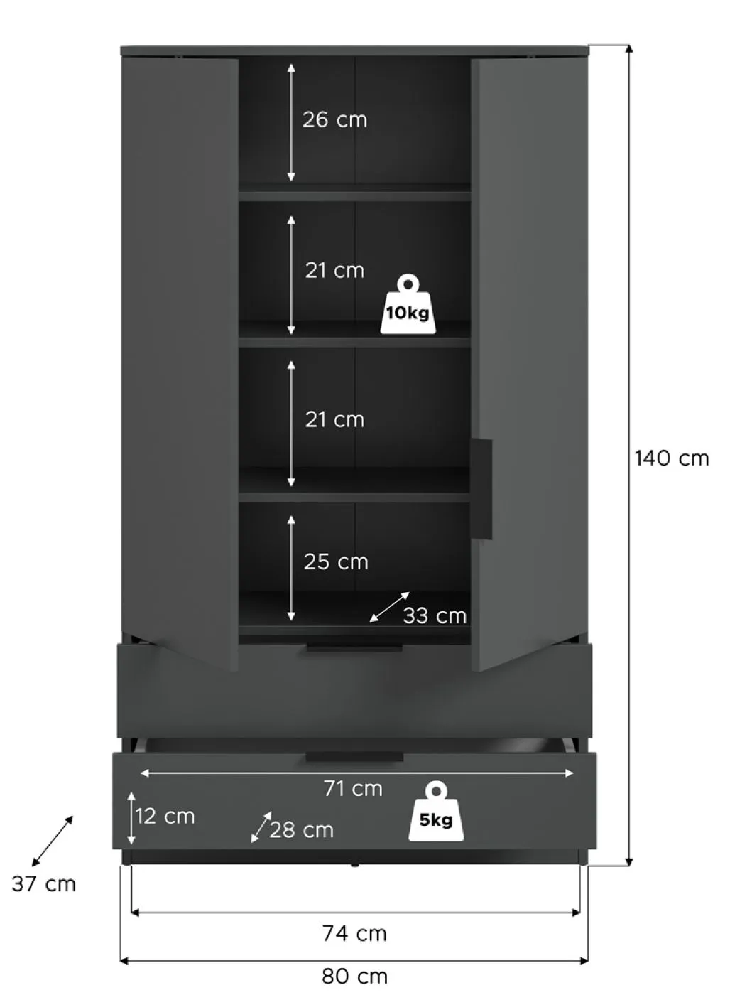 Garderobenschrank Kopenhagen | anthrazit mit Einlegeböden