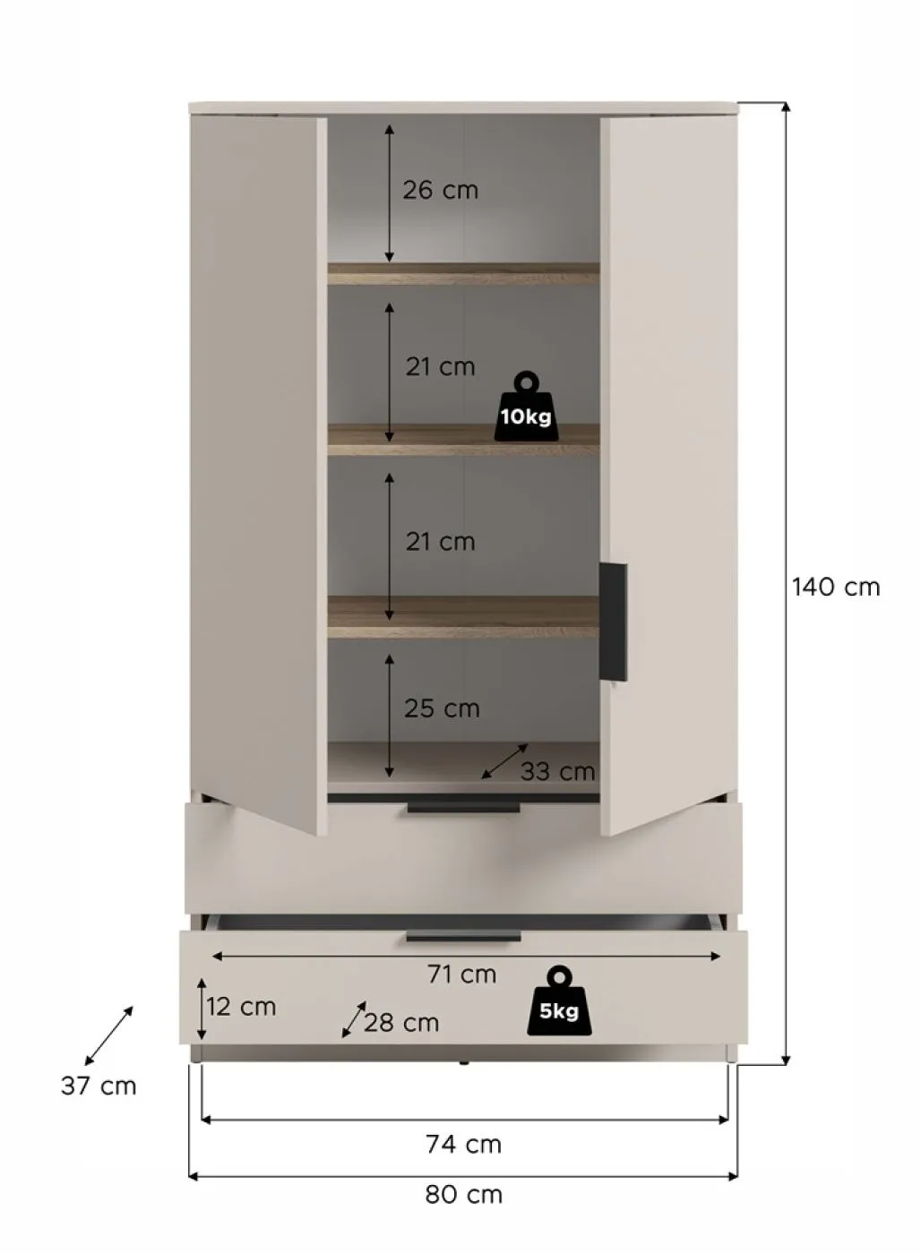 Garderobenschrank Kopenhagen | Kaschmir mit Einlegeböden