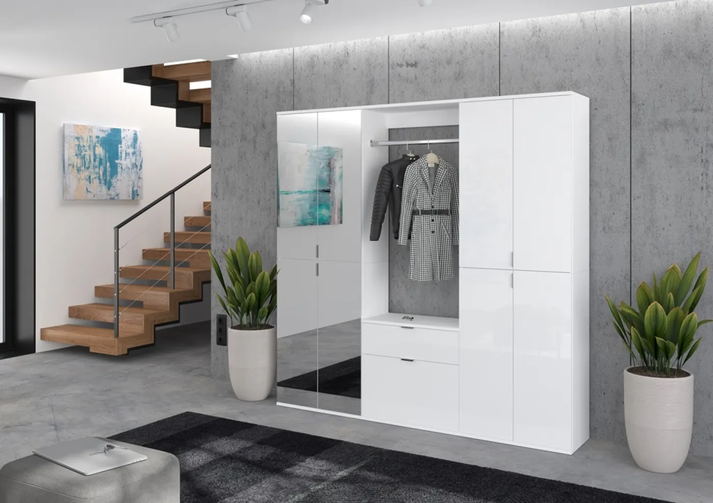 Garderobenschrank Projekt X 1 | Kombination | weiß Hochglanz / Spiegeltüren | 2-teilig