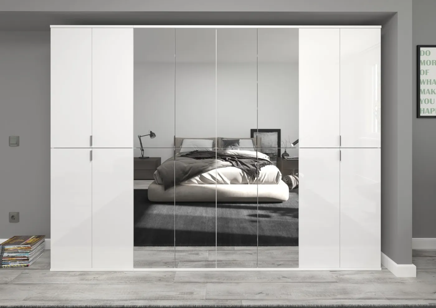 Garderobenschrank Projekt X groß | Kombination | weiß Hochglanz / Spiegeltüren | 4-teilig