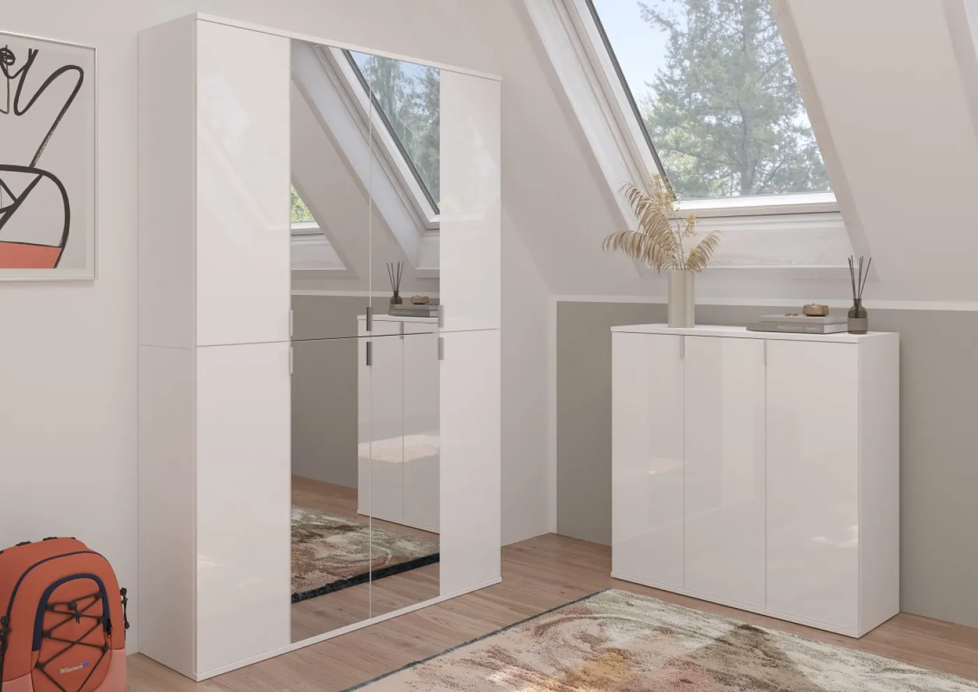 Garderobenschrank Projekt X | Kombination | weiß Hochglanz / Spiegeltüren | 3-teilig