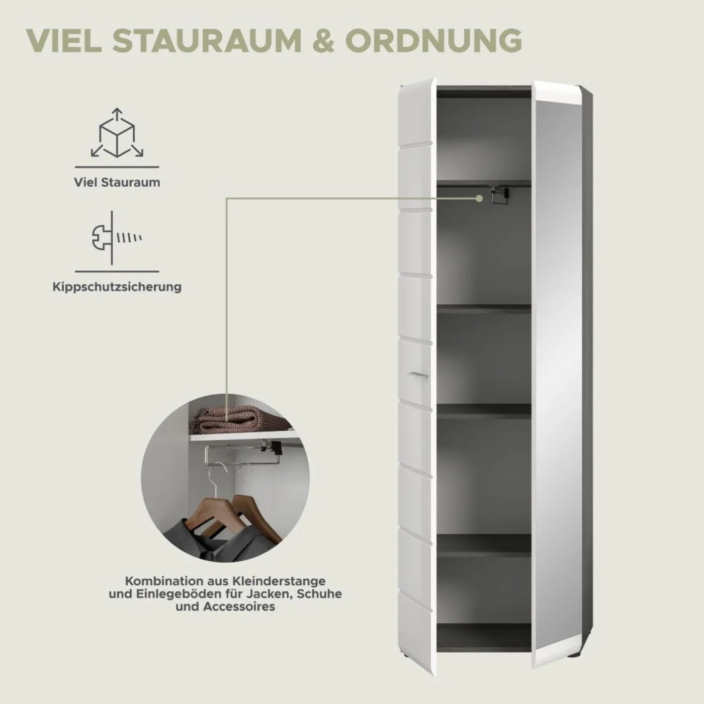 Garderobenschrank Salsa | weiß Hochglanz / rauchsilber