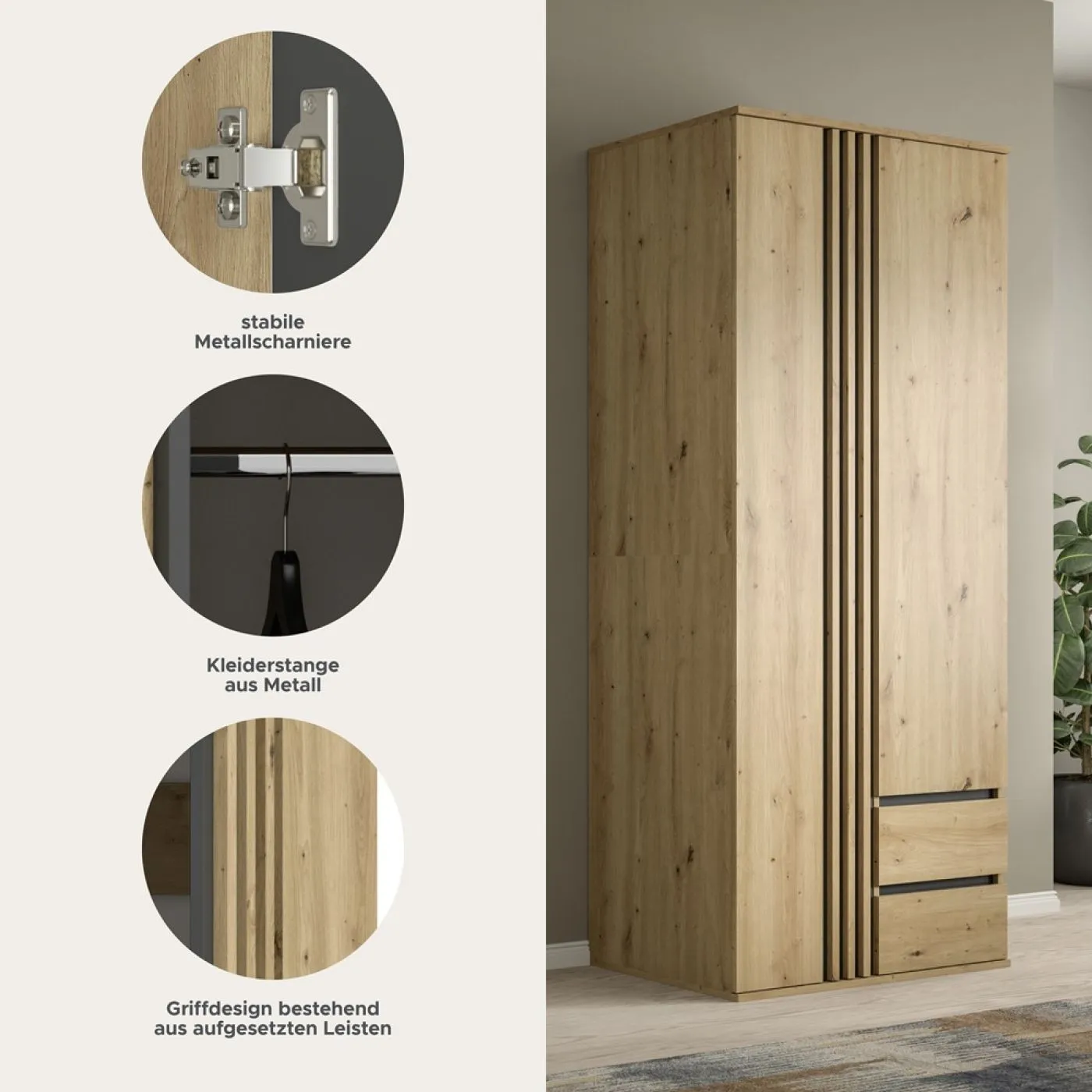 Garderobenschrank Schrank Tofta | mit Schubkästen | Artisan Eiche