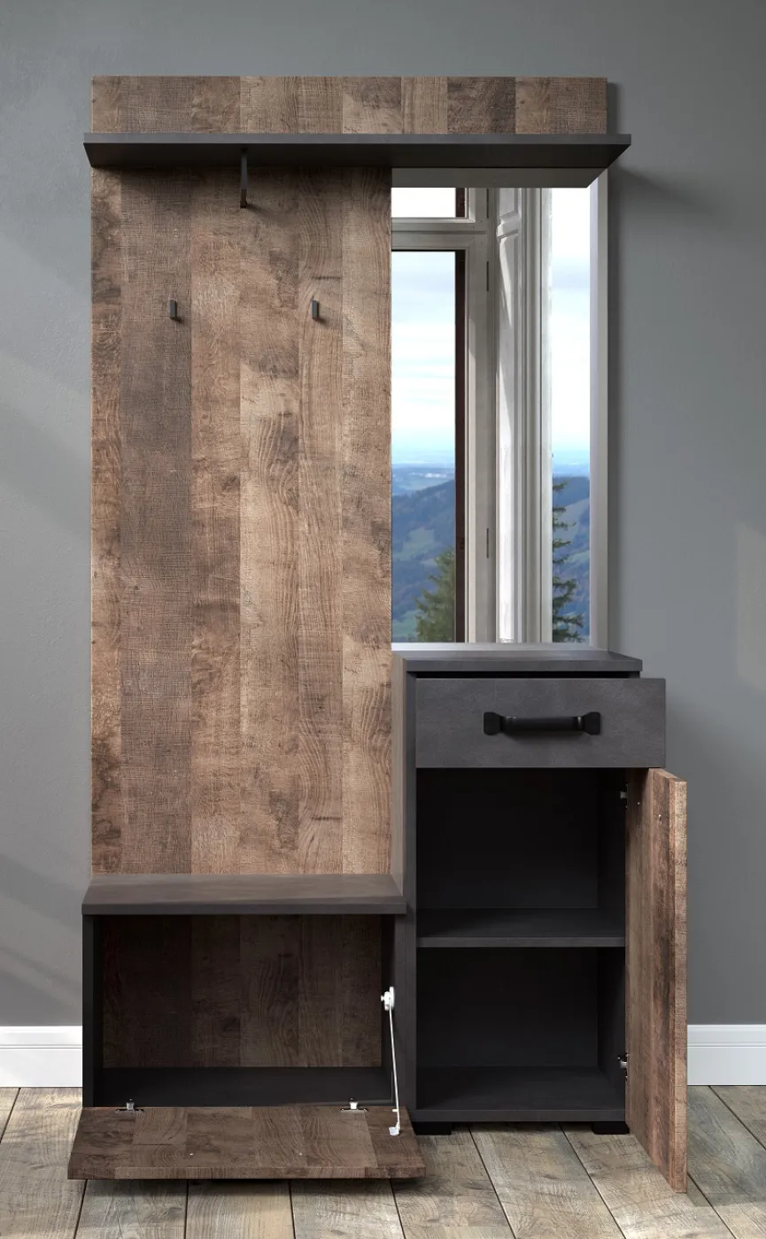 Garderobenschrank Smile mit Spiegel | Tabak Eiche / Matera grau