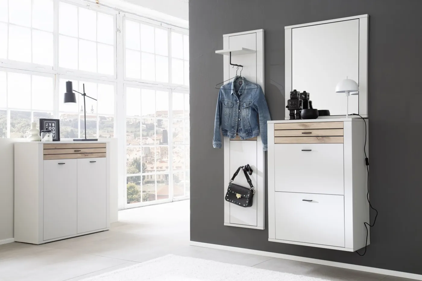 Hänge-Schuhschrank Mantena | Modern White / Viking Oak