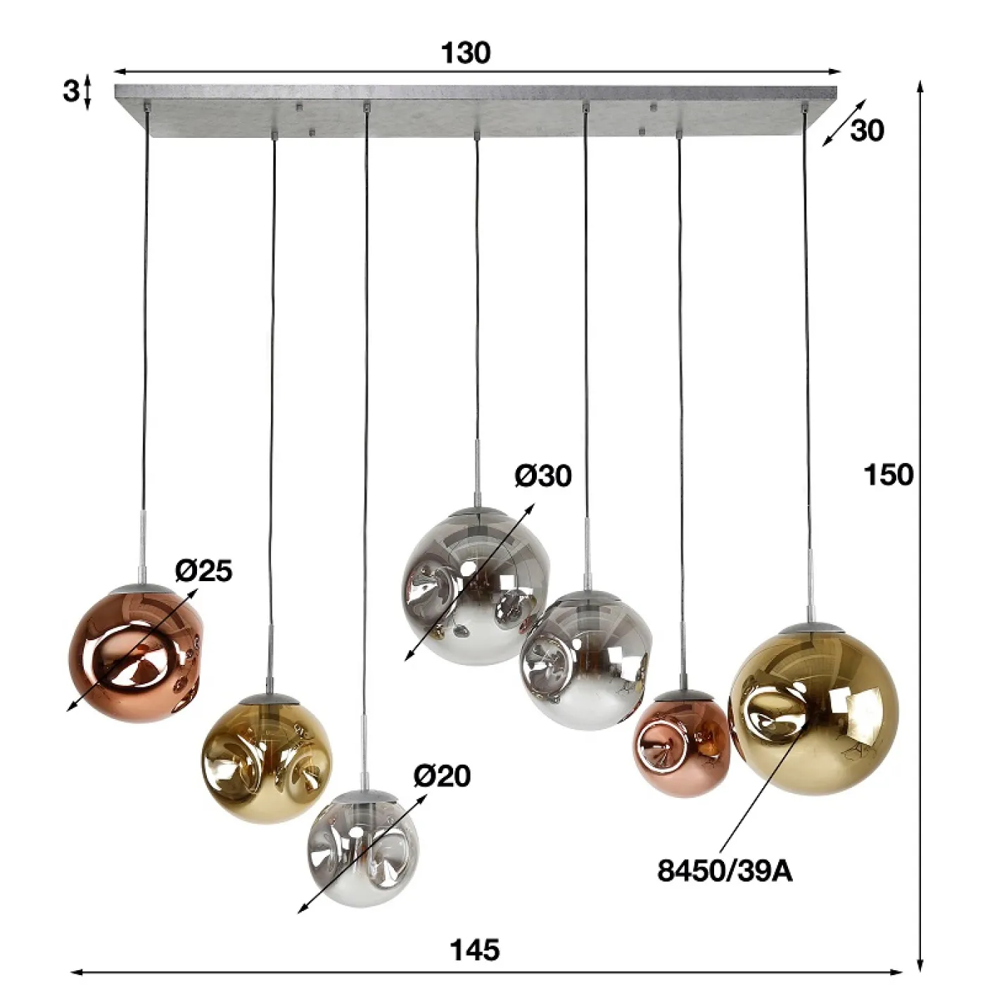 Hängelampe Jinjin | 7-flammig | Kugelschirme | altsilber Finish