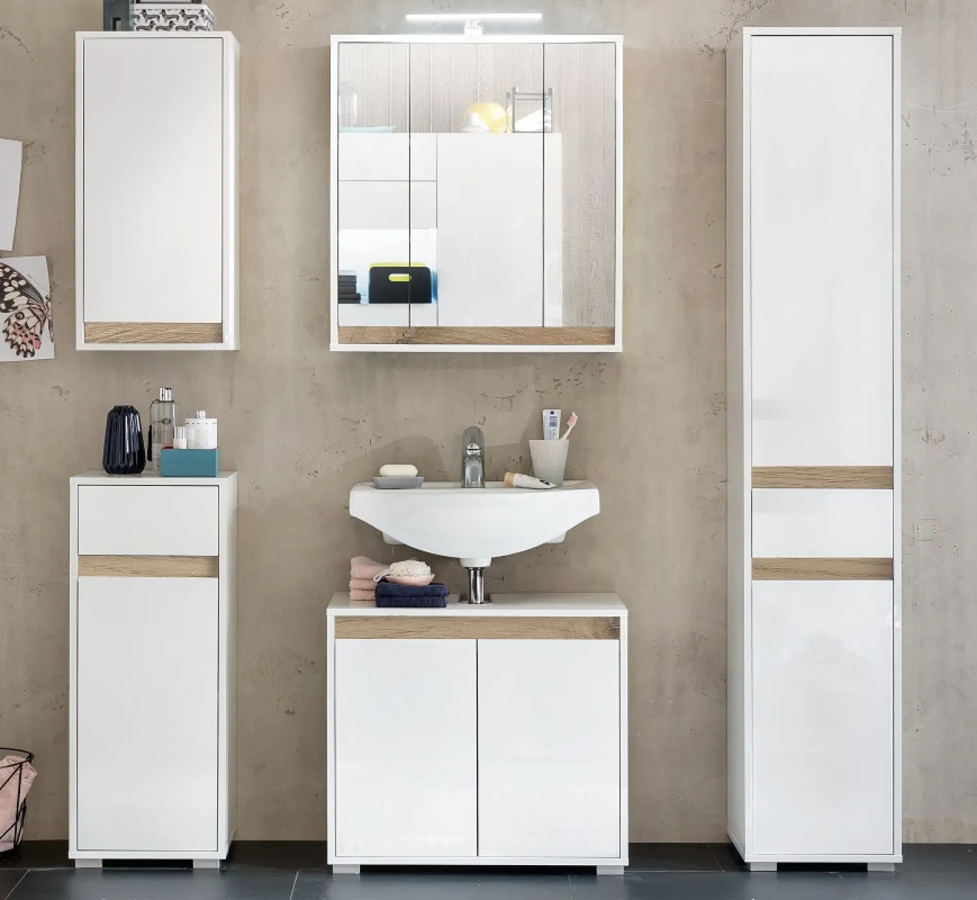 Hängeschrank Sol | weiß Hochglanz / Alteiche