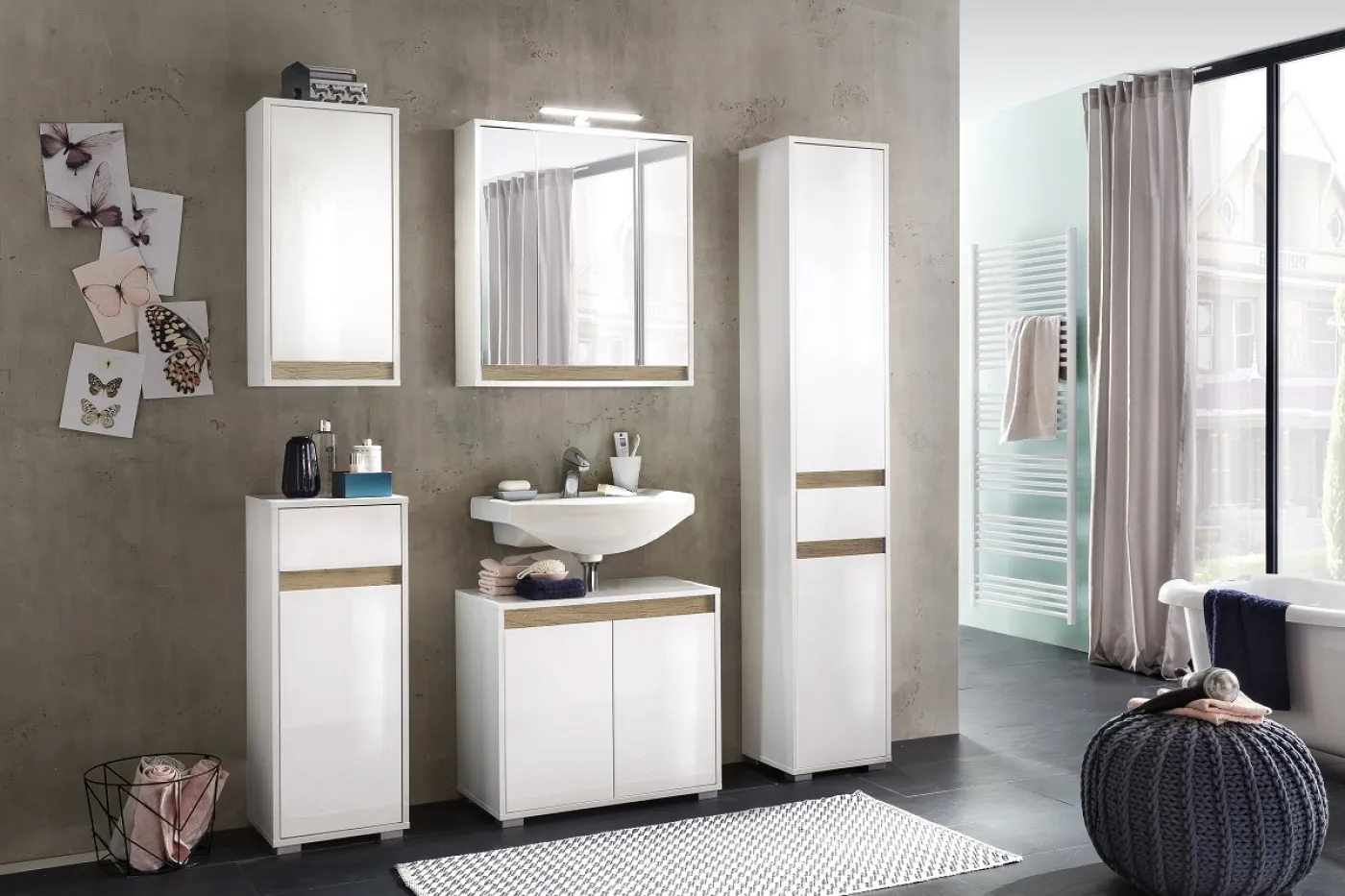 Hängeschrank Sol | weiß Hochglanz / Alteiche