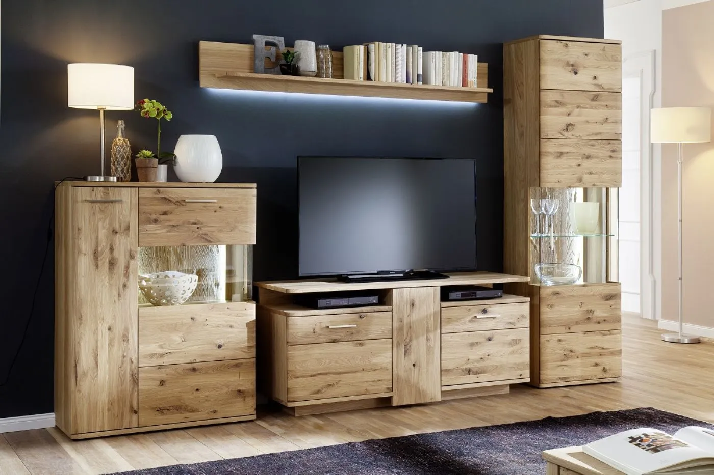 Highboard 1 Santori, Asteiche Bianco massiv, 1 Tür, 1 Schubkasten, Vitrine mit Glasfront und 2 Schubkästen – Ansicht 4