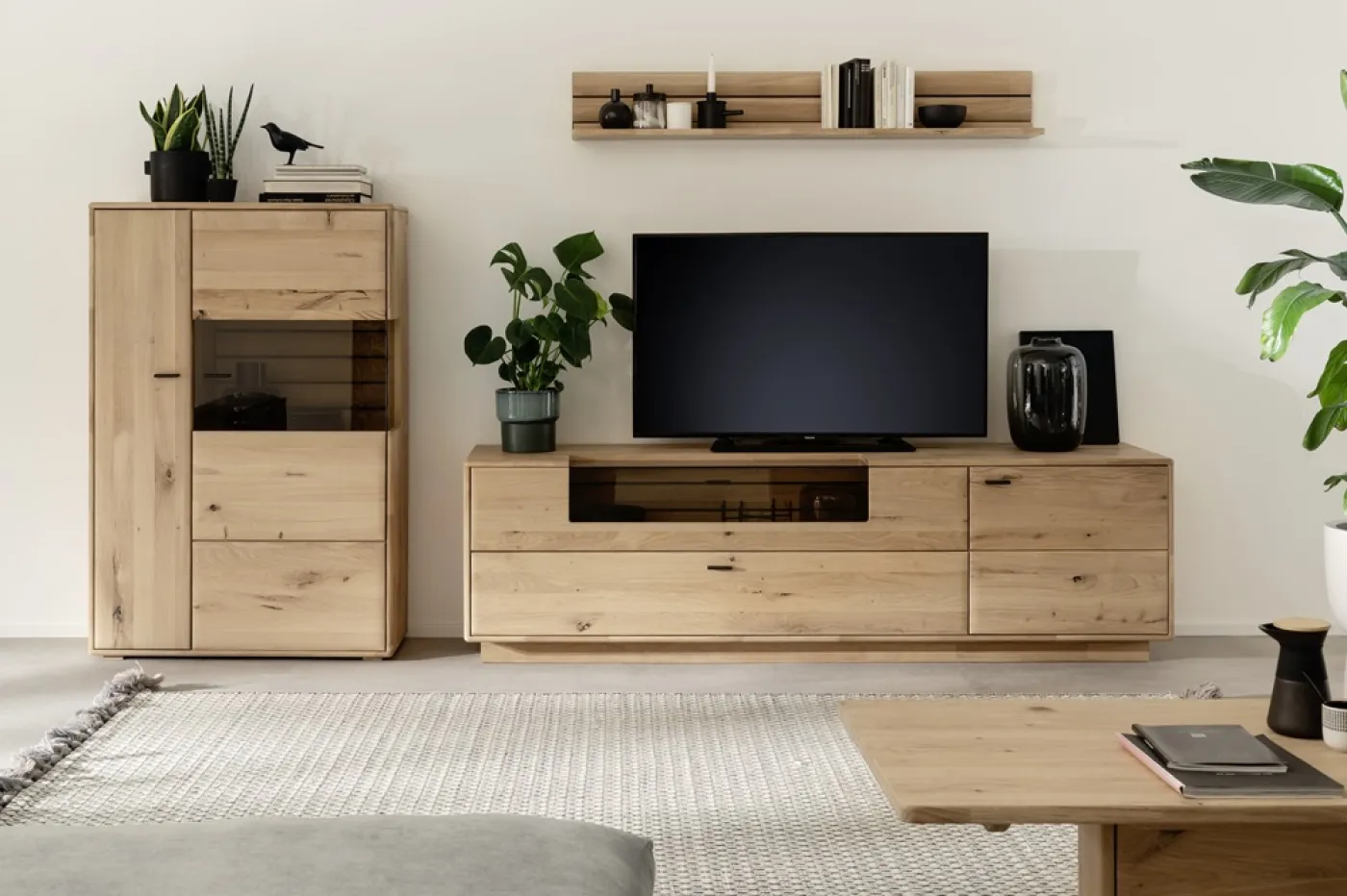 Highboard 3 Girona | Ast / Balkeneiche | mit Beleuchtung Komplettset