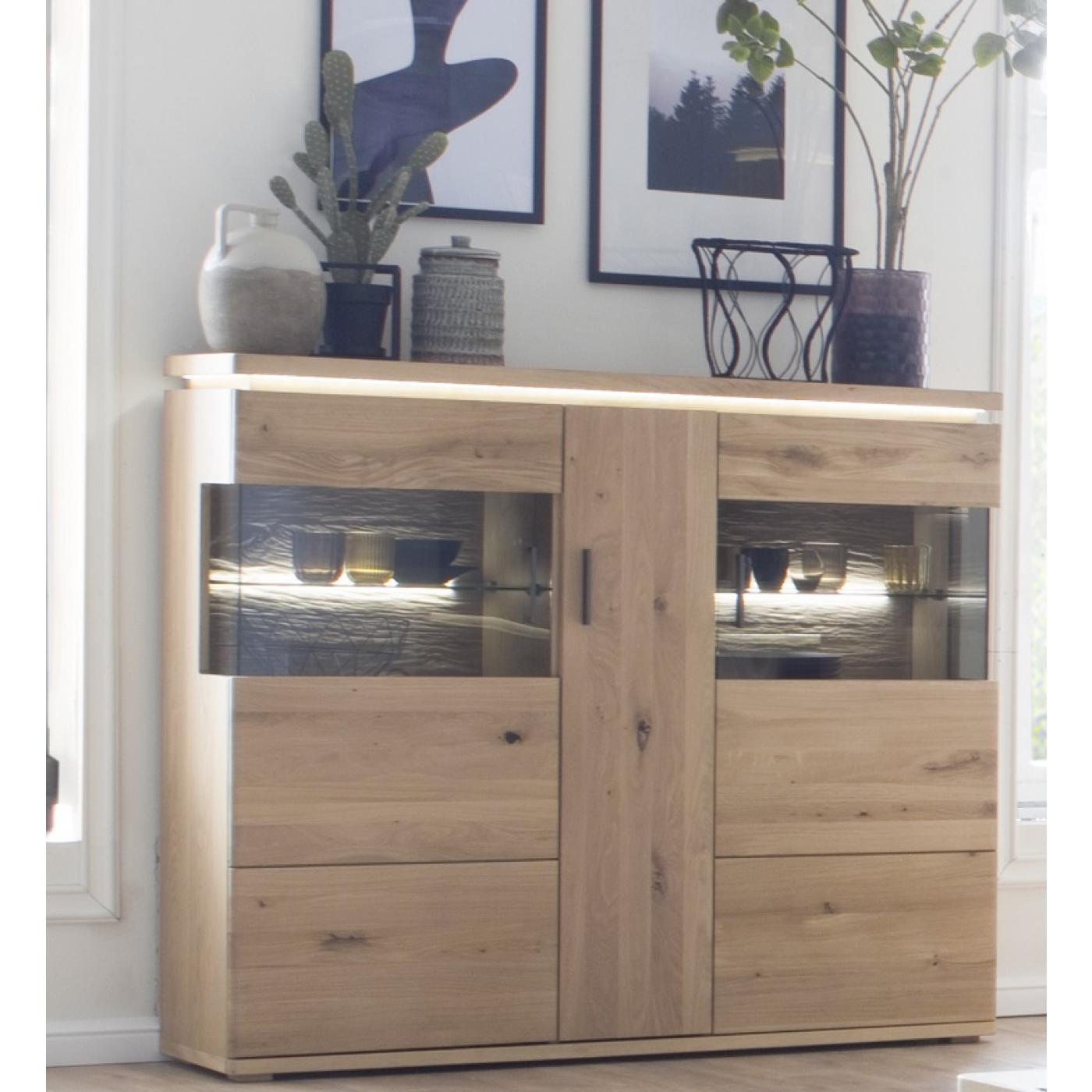 Highboard Barcelona | Balkeneiche Bianco / Eiche Bianco | inkl. LED Beleuchtung