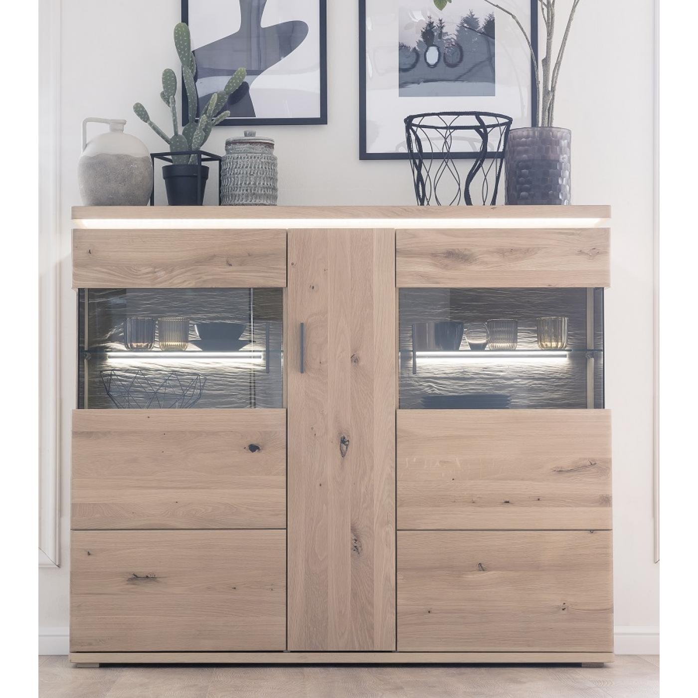 Highboard Barcelona | Balkeneiche Bianco / Eiche Bianco | inkl. LED Beleuchtung