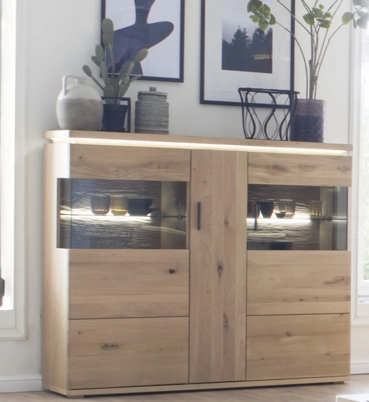 Highboard Barcelona | Balkeneiche Bianco / Eiche Bianco | inkl. LED Beleuchtung ohne Beleuchtung