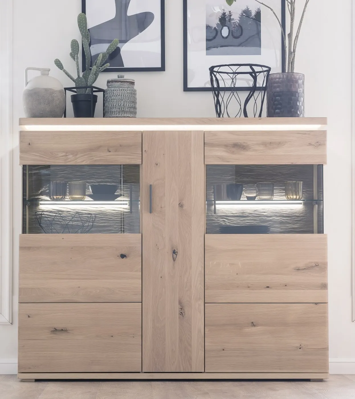 Highboard Barcelona | Balkeneiche Bianco / Eiche Bianco | inkl. LED Beleuchtung ohne Beleuchtung