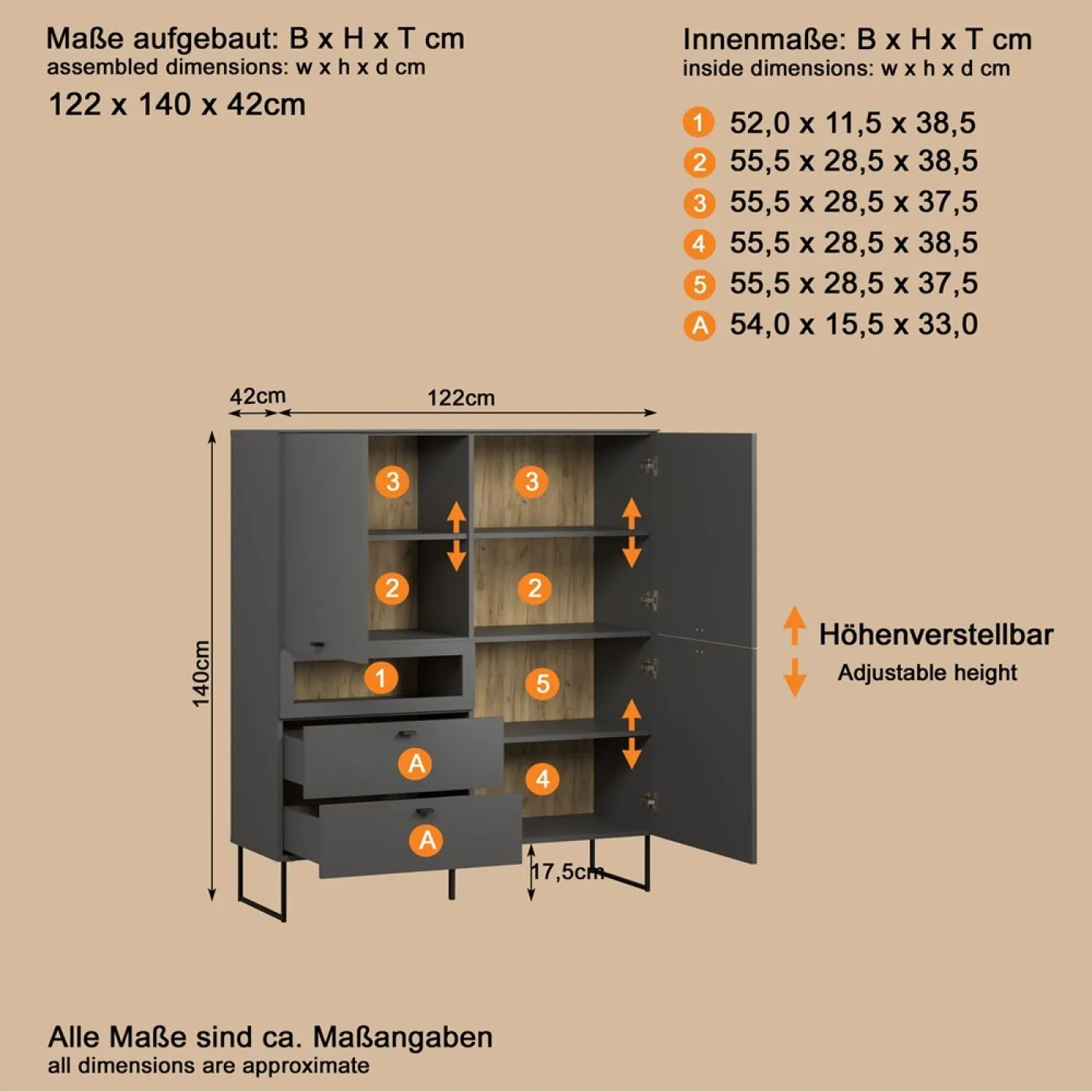 Highboard Bellugi 1, Anthrazit Dekor – Ansicht 4
