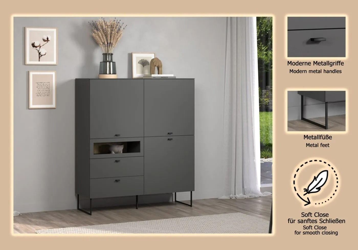 Highboard Bellugi 1, Anthrazit Dekor – Ansicht 5