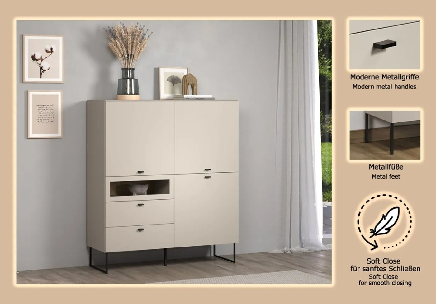 Highboard Bellugi 1, Cashmere Dekor – Ansicht 6