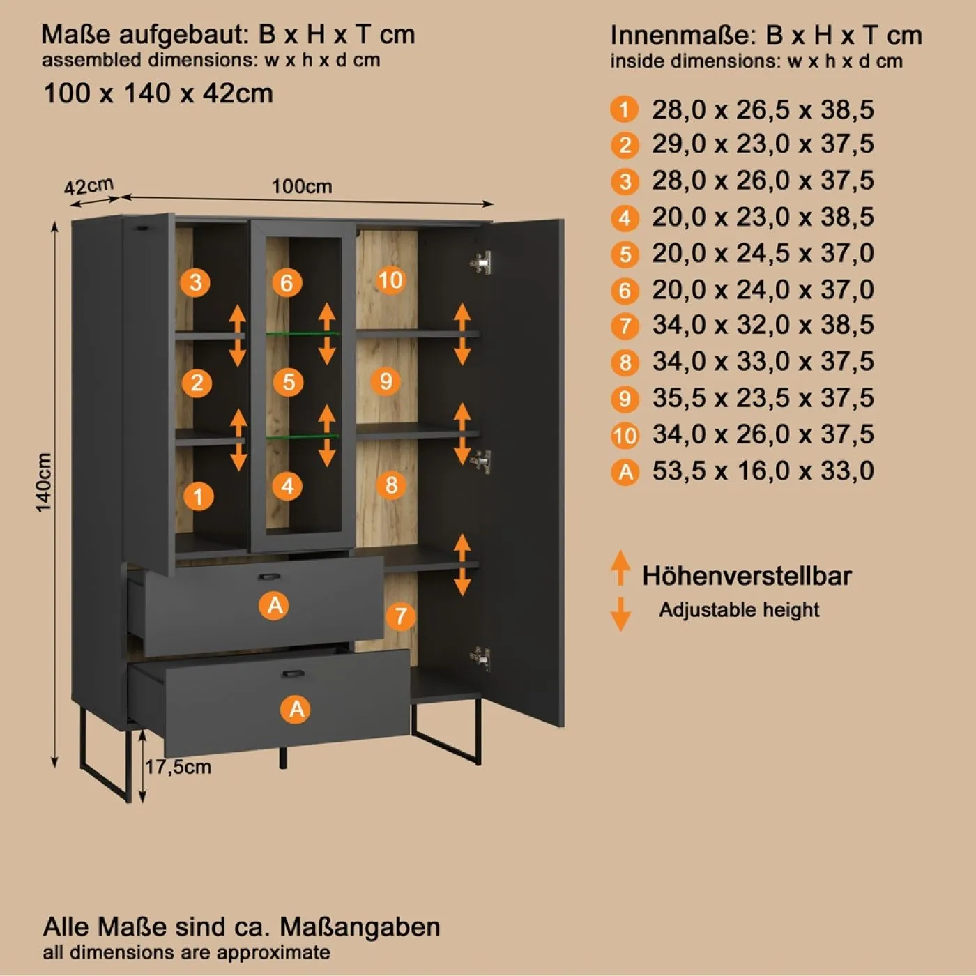 Highboard Bellugi, Anthrazit Dekor – Ansicht 5