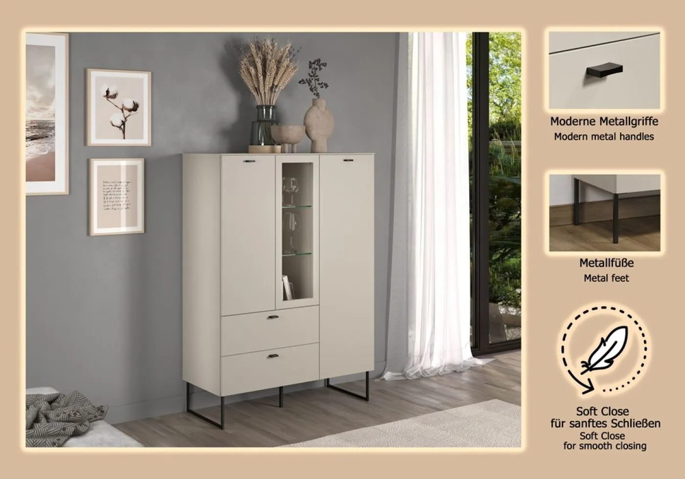 Highboard Bellugi, Cashmere Dekor – Ansicht 6