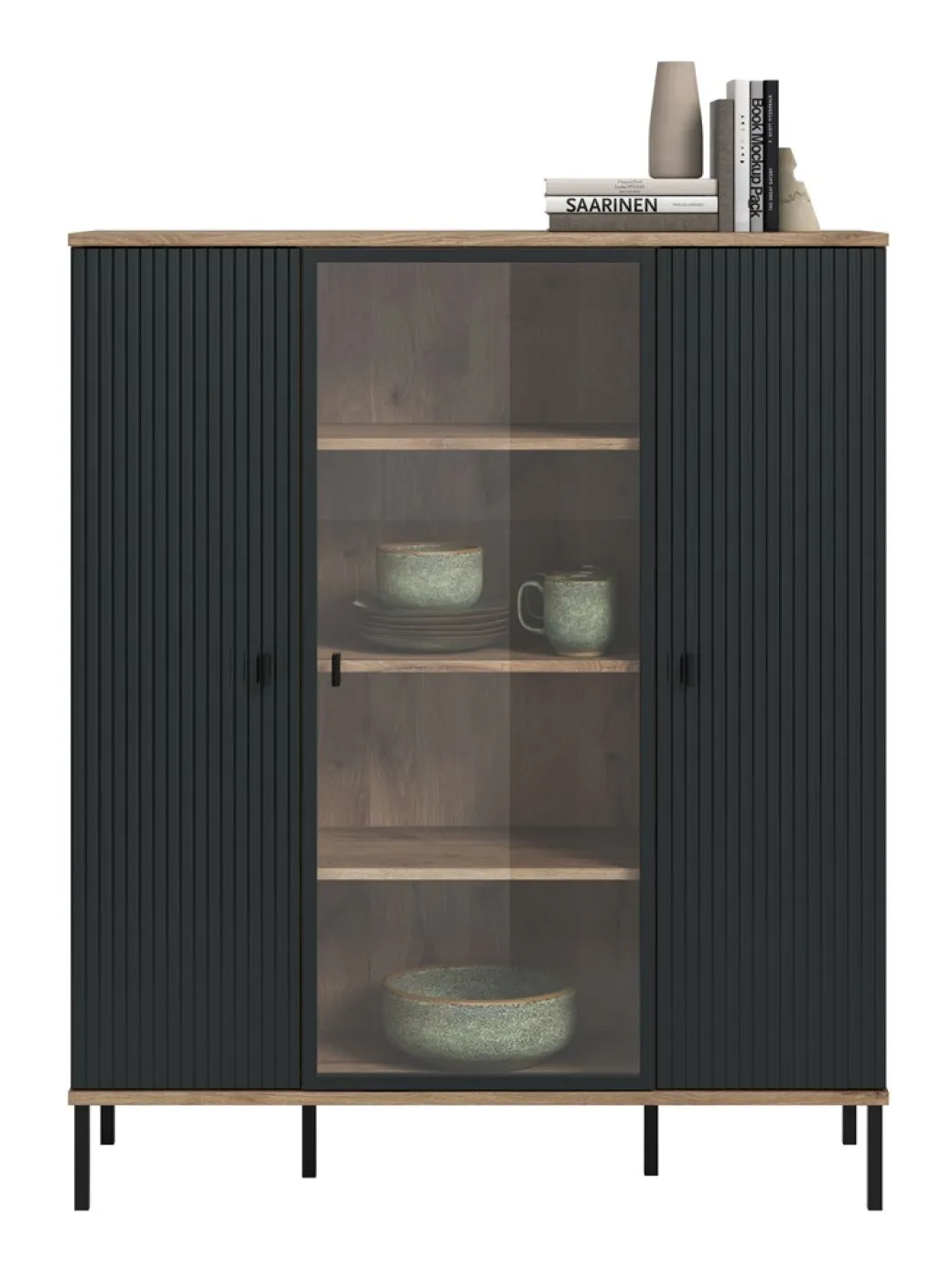 Highboard Chess | Nox Oak / schwarz mit 2er Set Beleuchtung