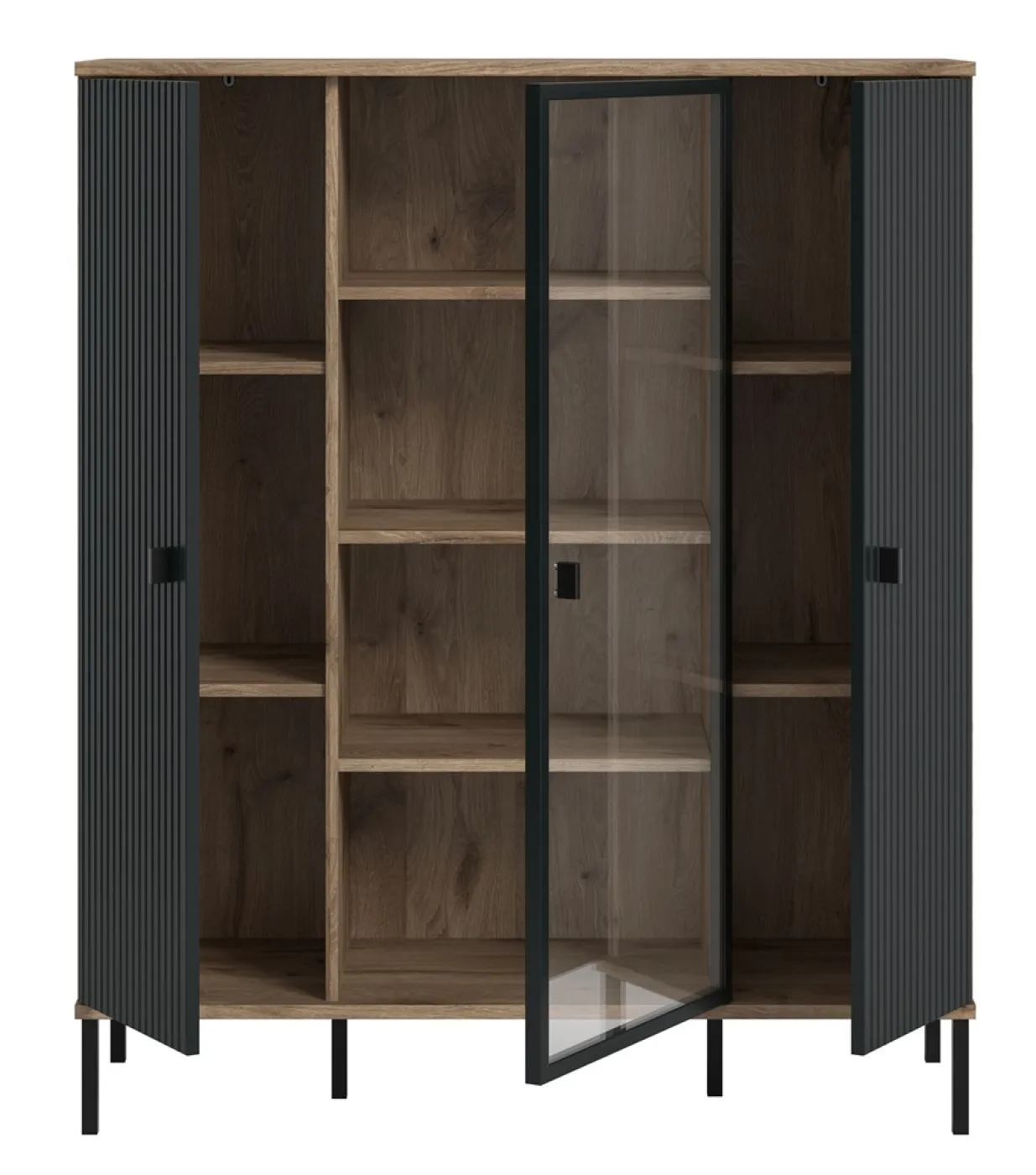 Highboard Chess | Nox Oak / schwarz mit 2er Set Beleuchtung