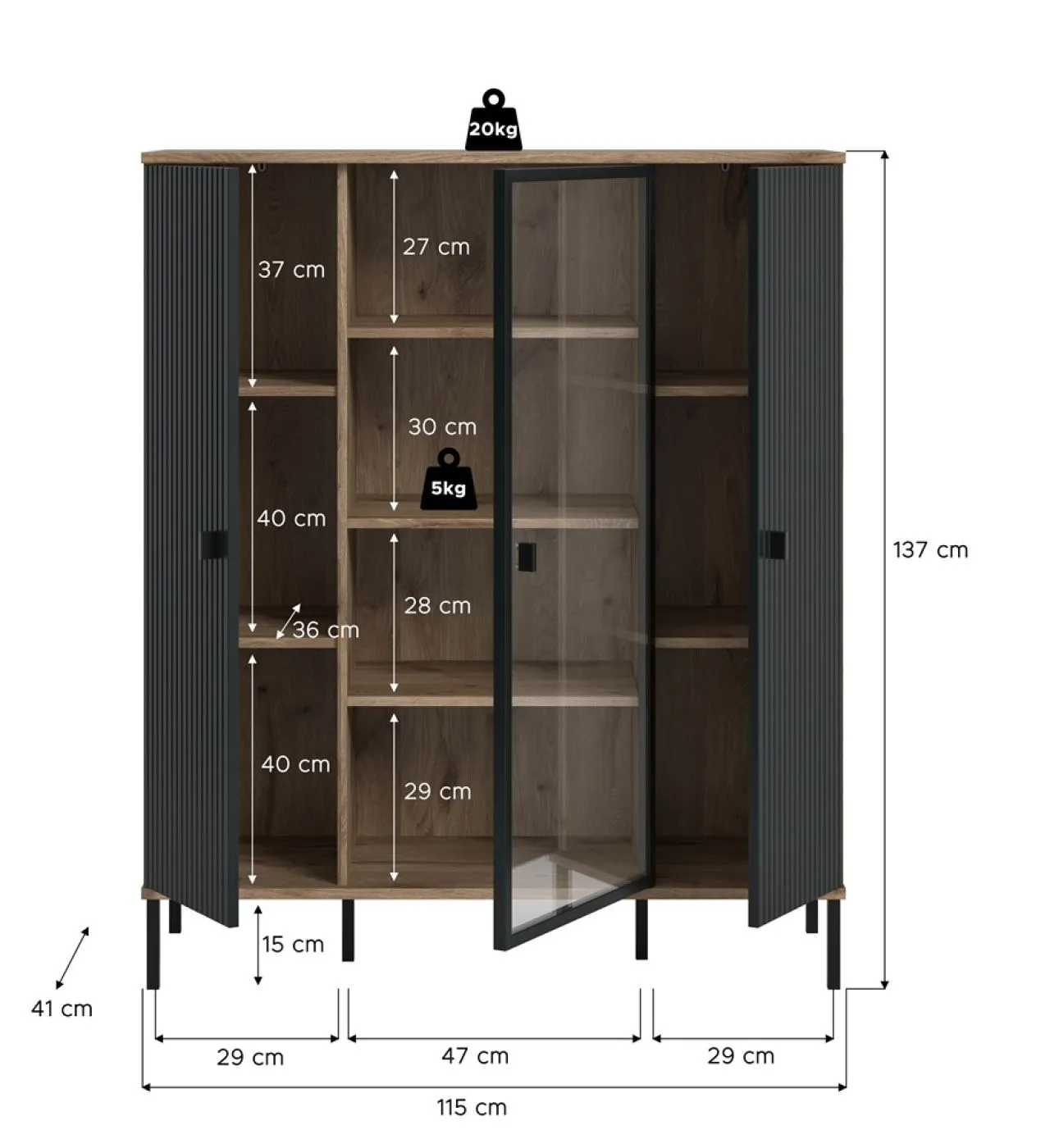 Highboard Chess | Nox Oak / schwarz ohne Beleuchtung