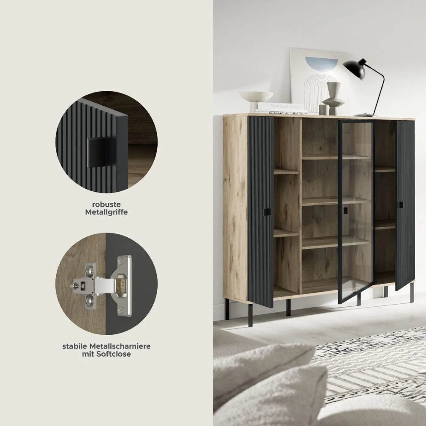 Highboard Chess | Nox Oak / schwarz ohne Beleuchtung