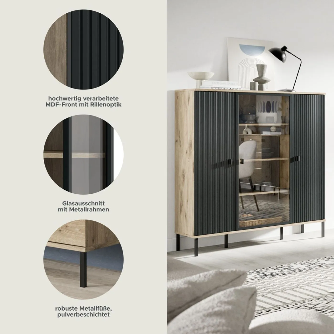 Highboard Chess | Nox Oak / schwarz ohne Beleuchtung