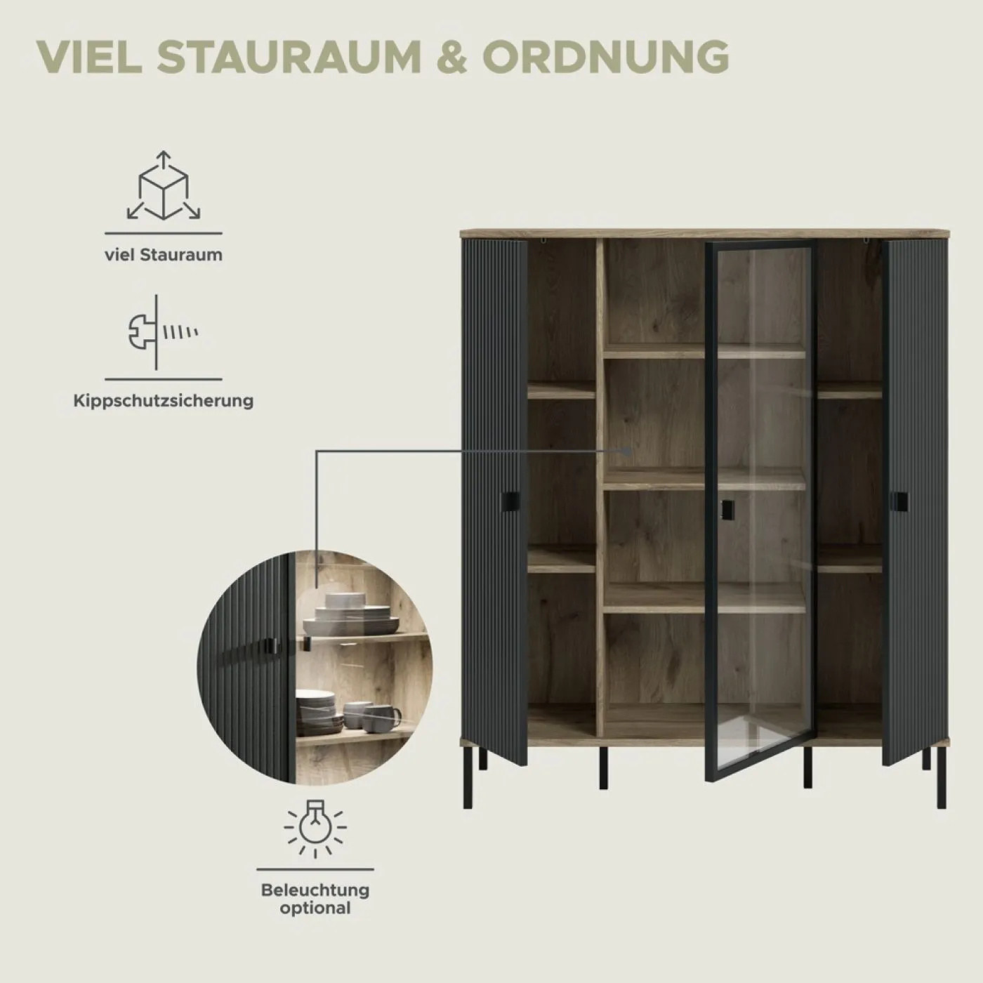 Highboard Chess | Nox Oak / schwarz ohne Beleuchtung