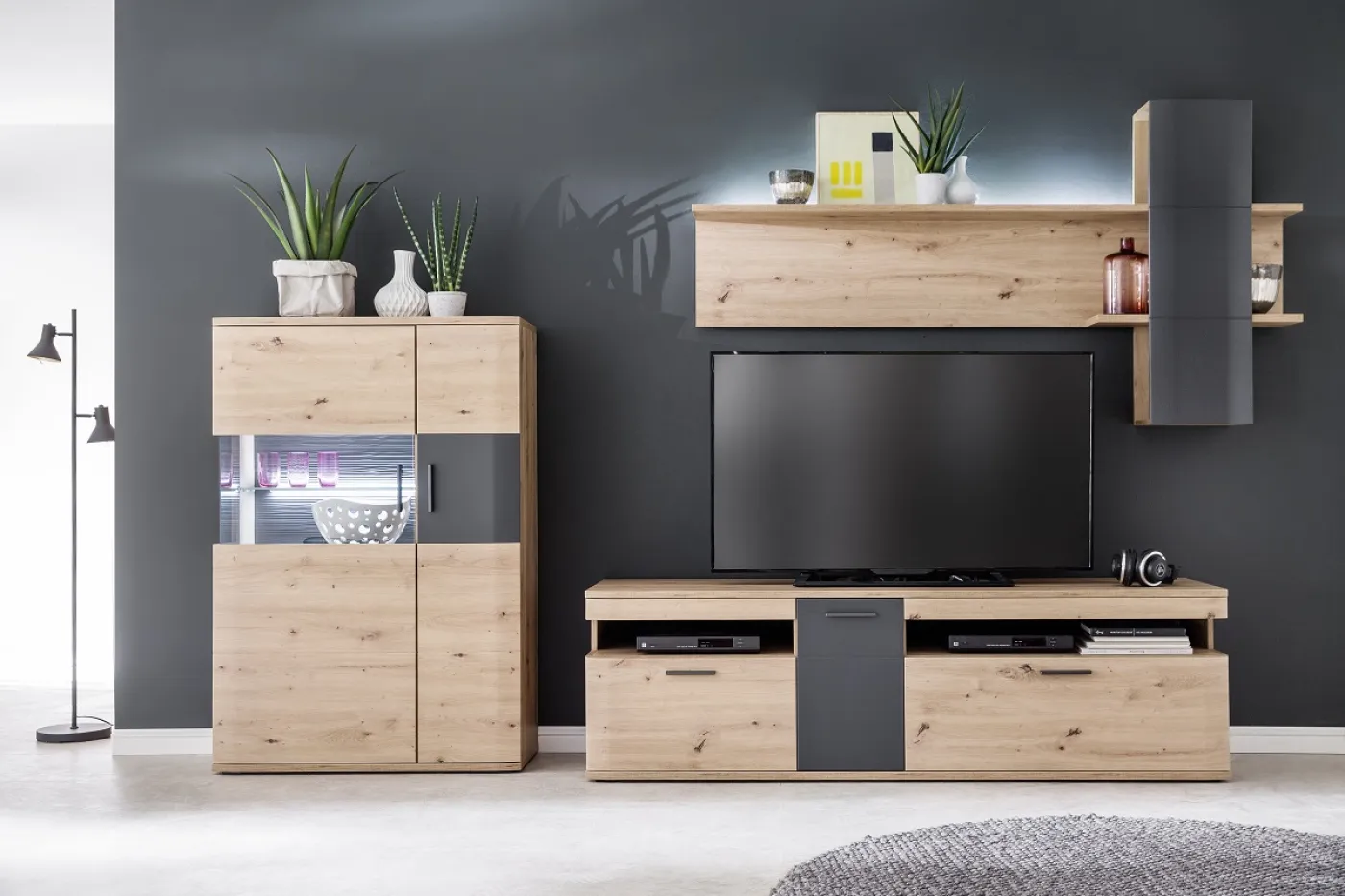 Highboard Cortona 2 | Balkeneiche / anthrazit | ohne Beleuchtung