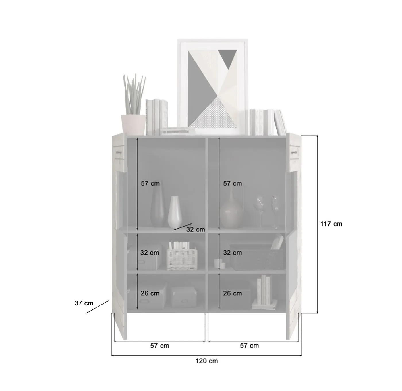 Highboard Freno | grau matt / Nox Oak | mit 3er Set LED Unterbauspot