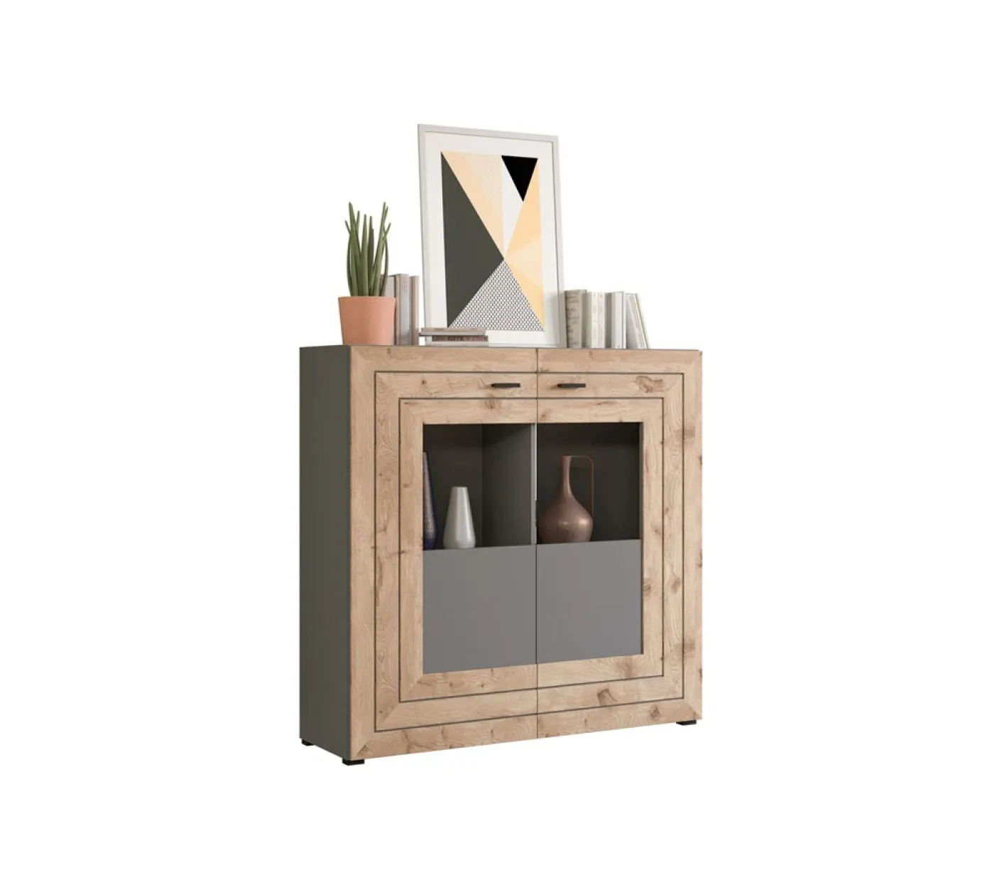 Highboard Freno | grau matt / Nox Oak | ohne Beleuchtung