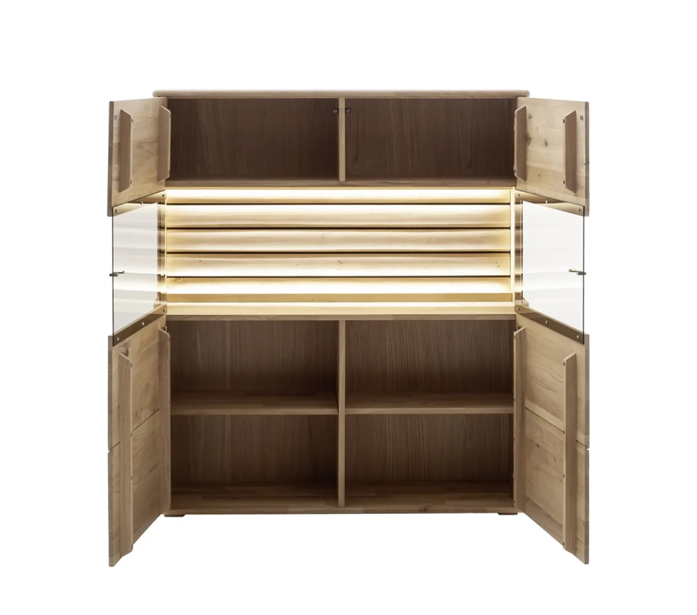 Highboard Girona | mit Glastüren | Ast / Balkeneiche | mit LED Unterbauspot