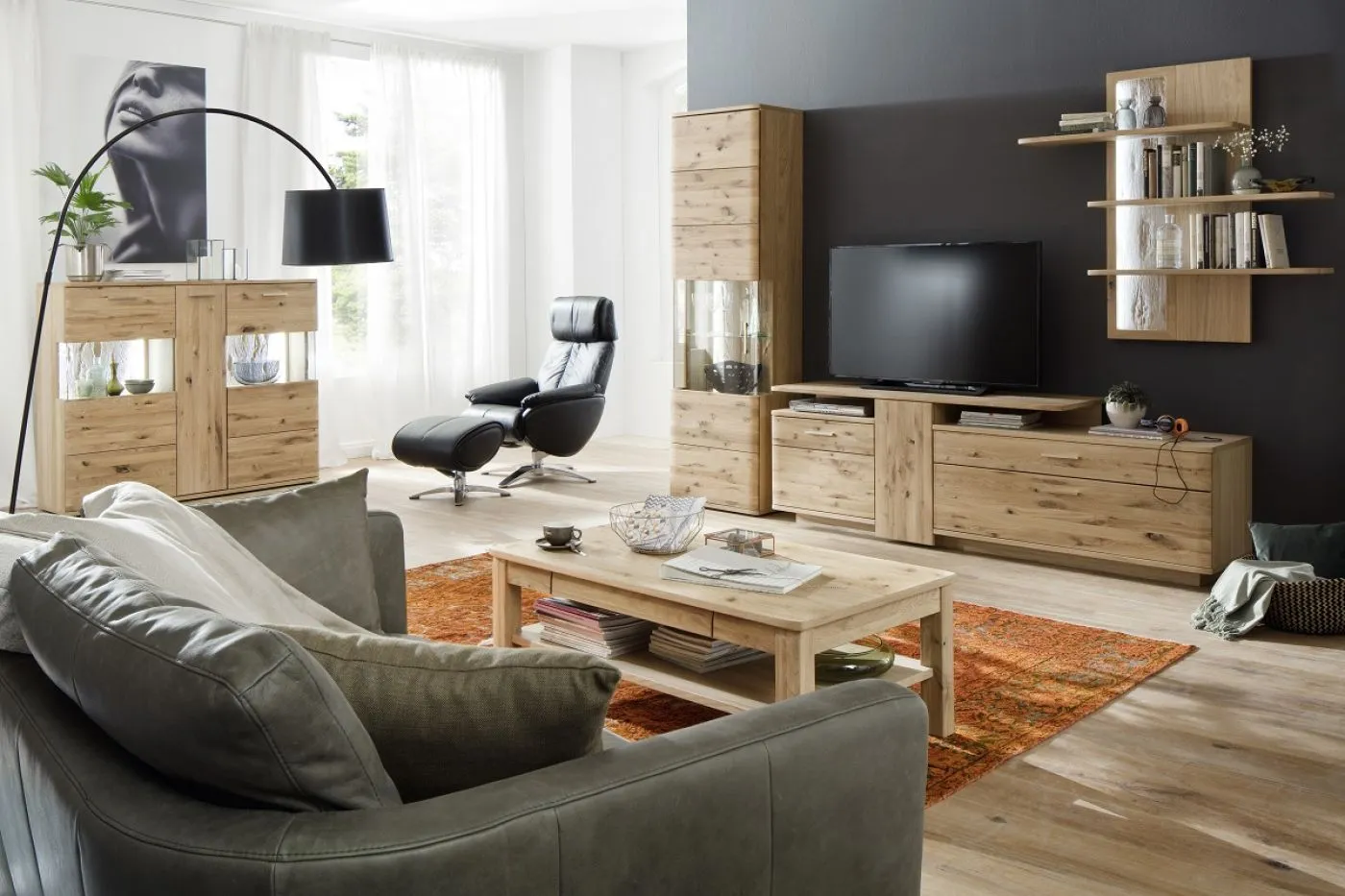 Highboard groß Santori | Eiche Bianco | LED Beleuchtung mit 4er Set LED Band 30 cm