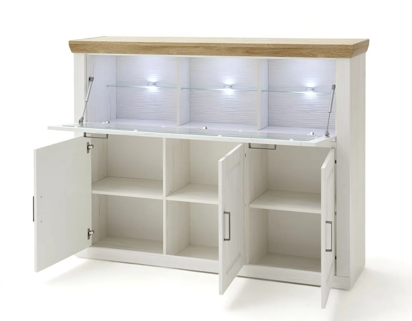 Highboard I Brixen, Weiß Pinie Dekor, Landhausstil, im Wohnzimmer, Vitrinenfach oben, 3 Türen unten, Holzoberfläche – Ansicht 2