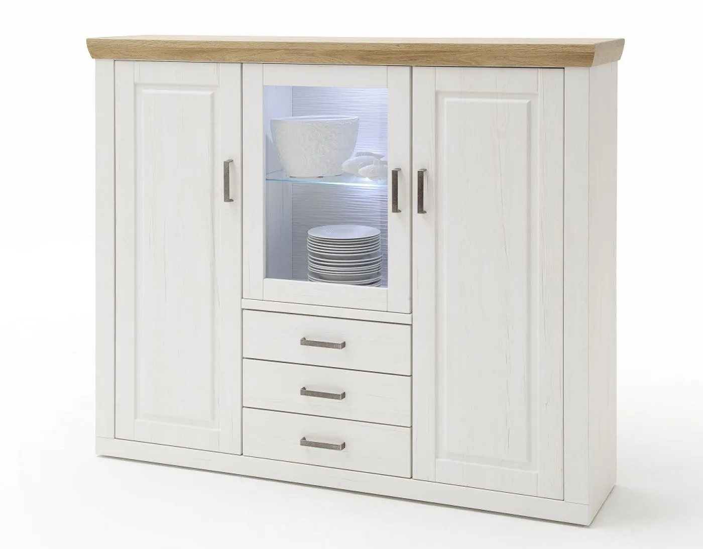 Highboard II Brixen, Weiß Pinie Dekor, Landhausstil, im Wohnzimmer, Glasvitrine mit 2 Türen, 3 Schubkästen, Griffleisten – Ansicht 2
