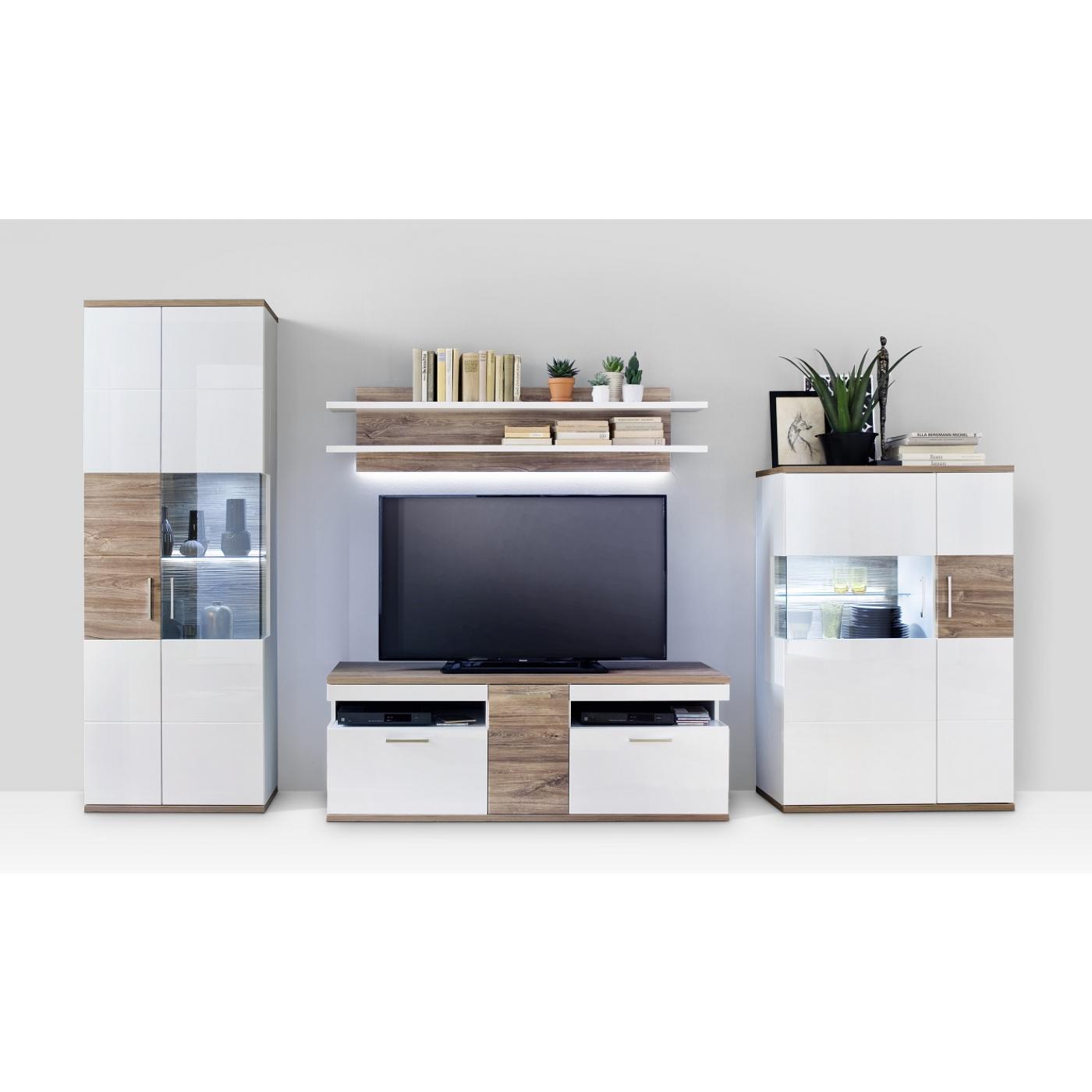 Highboard (L) Luzern | weiß Hochglanz / Sterling Oak | LED Beleuchtung