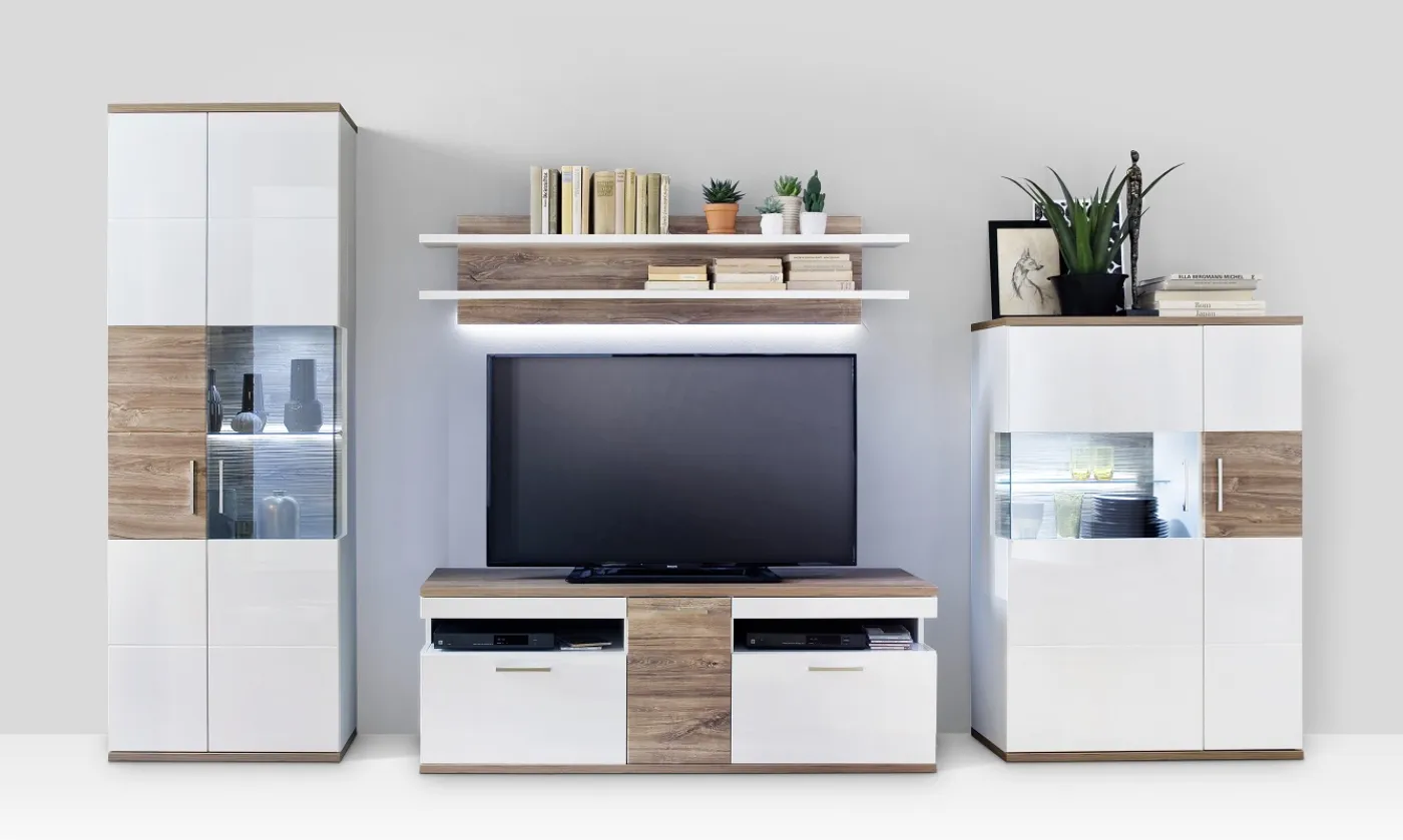 Highboard (L) Luzern | weiß Hochglanz / Sterling Oak | ohne Beleuchtung