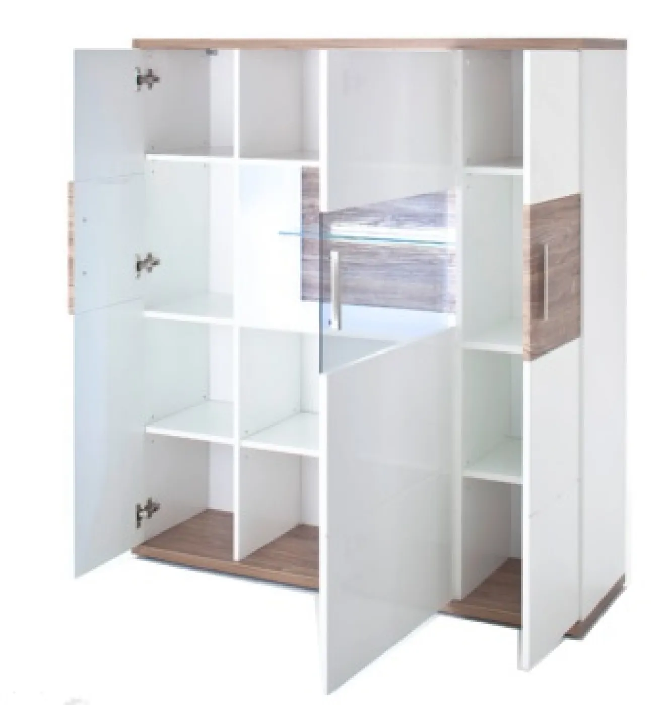 Highboard Luzern | weiß Hochglanz / Sterling Oak | LED Beleuchtung Komplettset